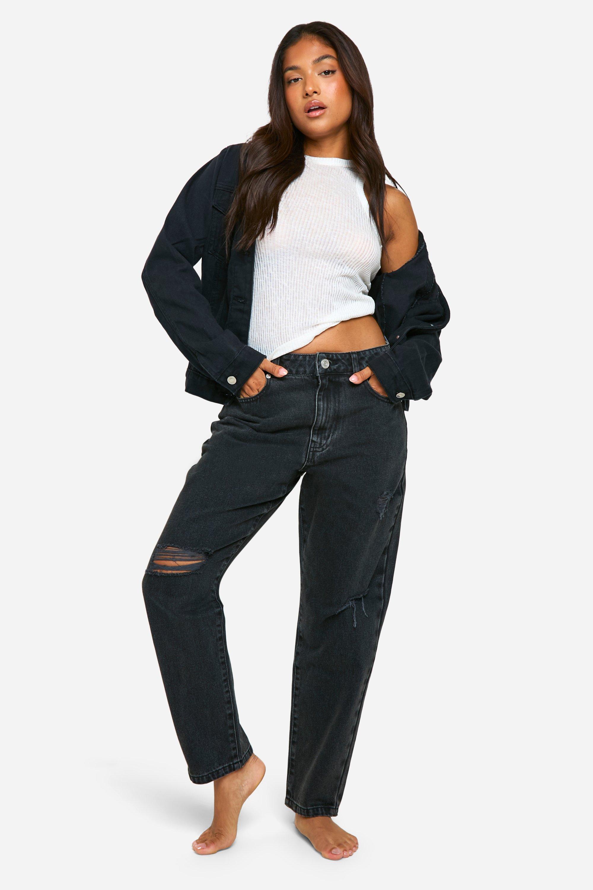 Boohoo Petite Gescheurde Basic High Waist Mom Jeans, Washed Black