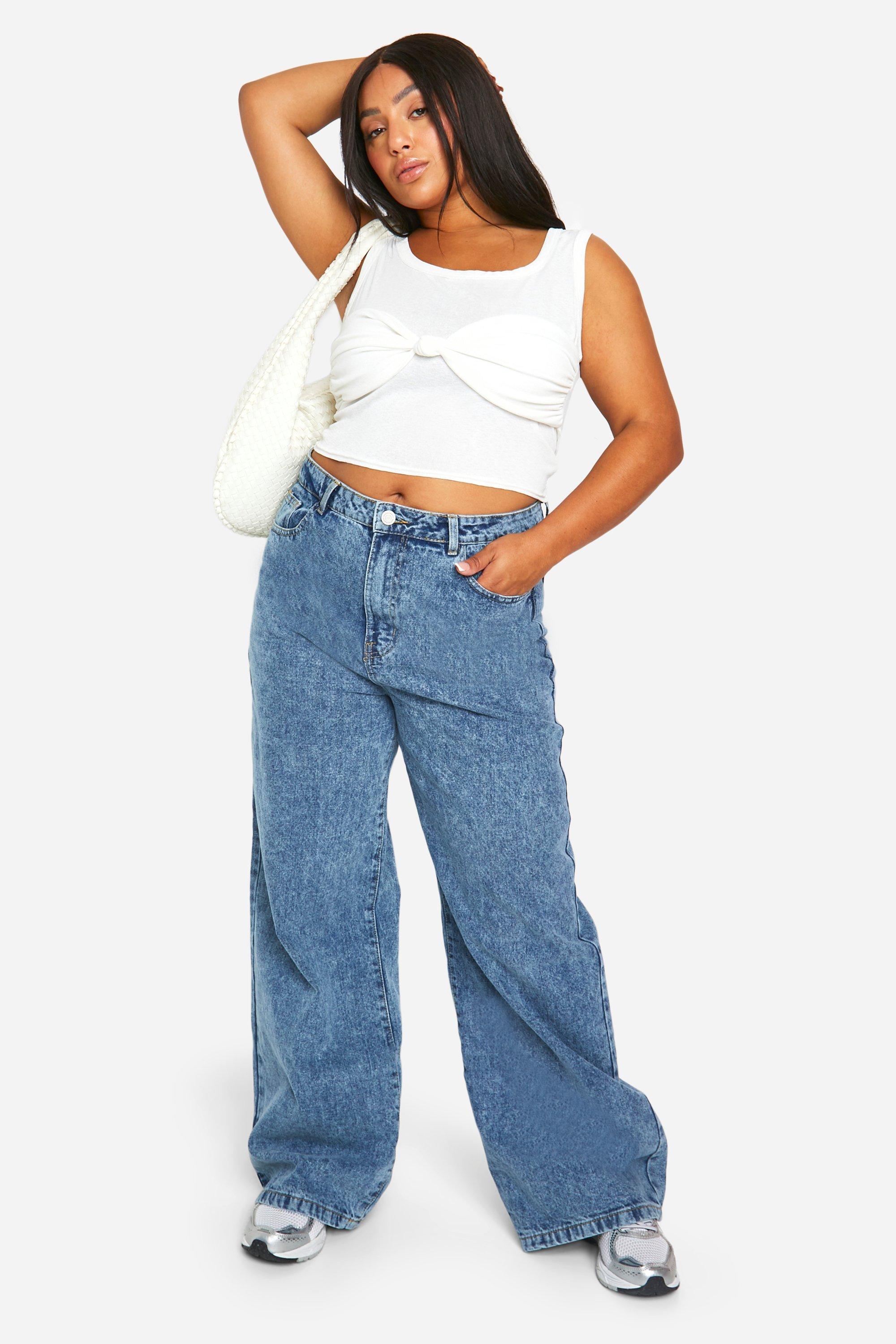 Boohoo Plus Basic High Waist Wide Leg Jeans, Vintage Blue