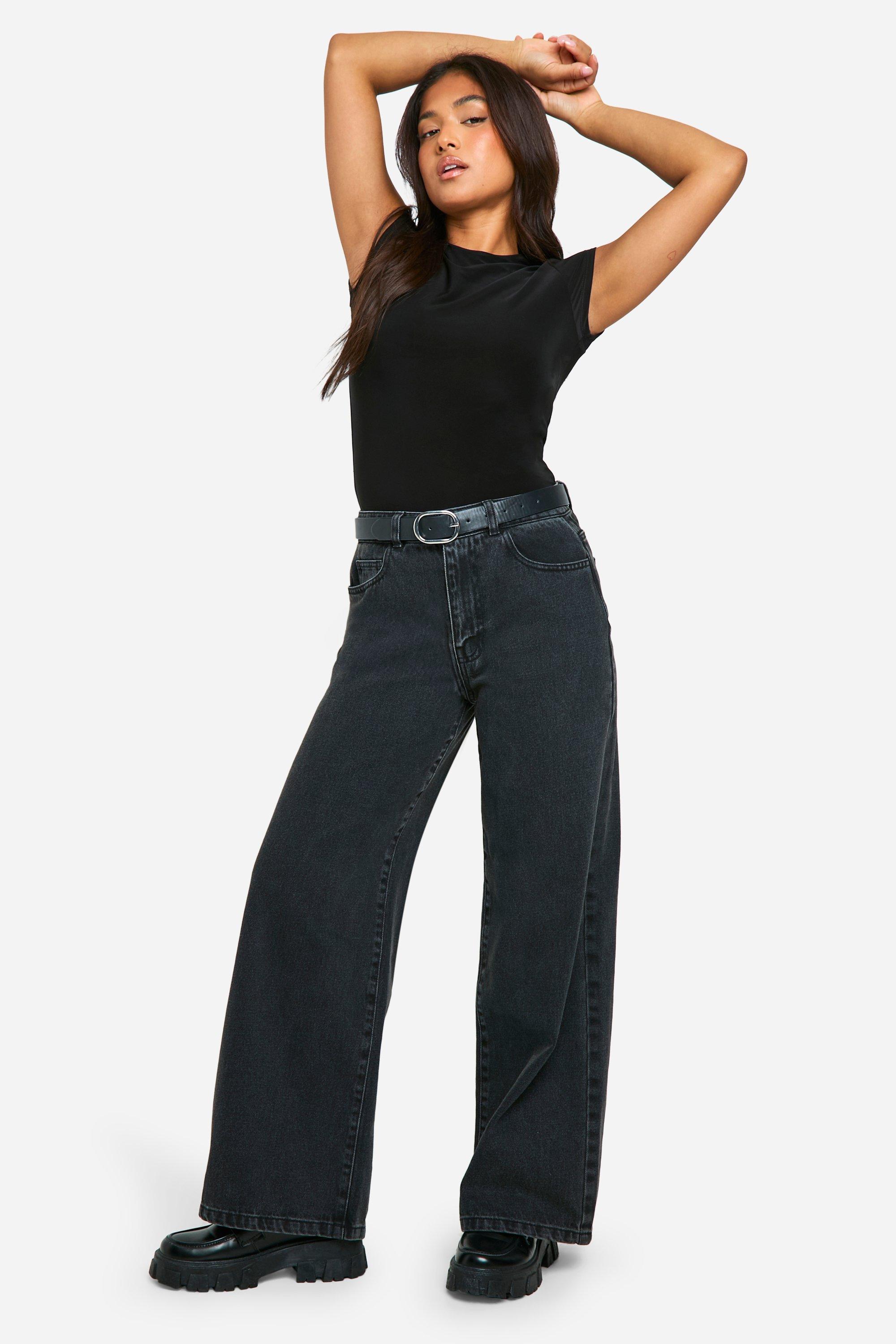 Boohoo Petite Basic High Waist Wide Leg Jeans, Washed Black