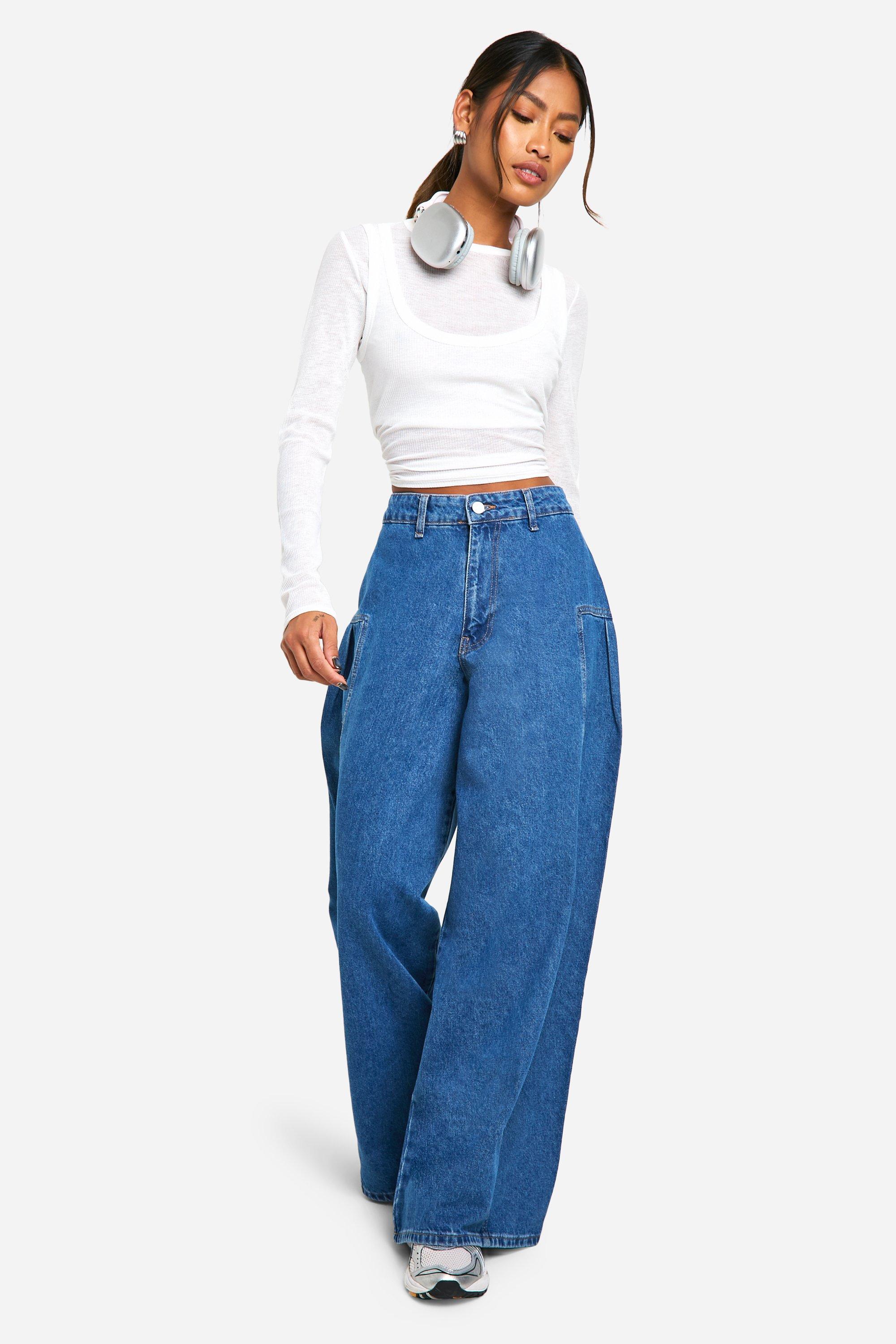 Boohoo Wide Leg Jeans Met Naaddetail, Mid Blue