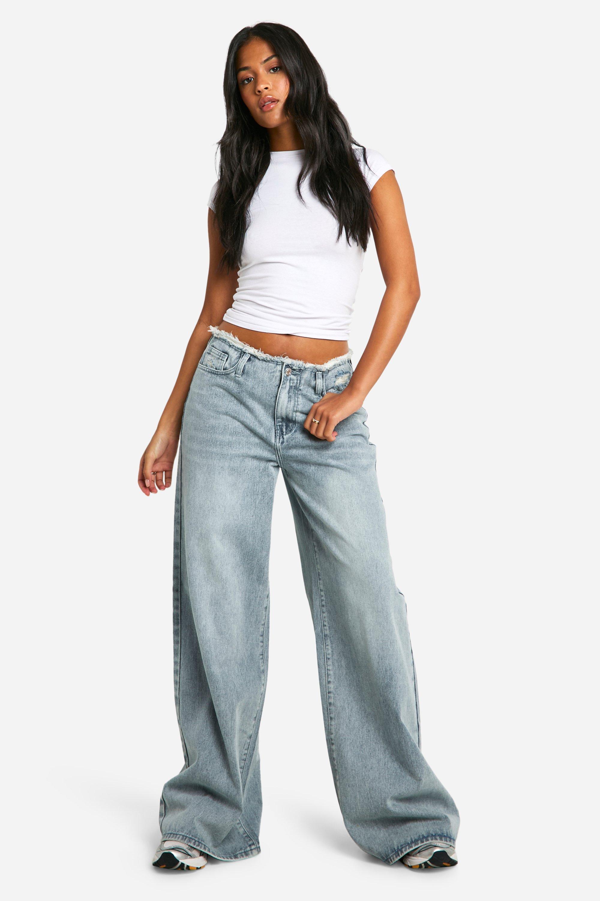 Boohoo Tall Wide Leg Jeans Met Onbewerkte Tailleband, Vintage Blue