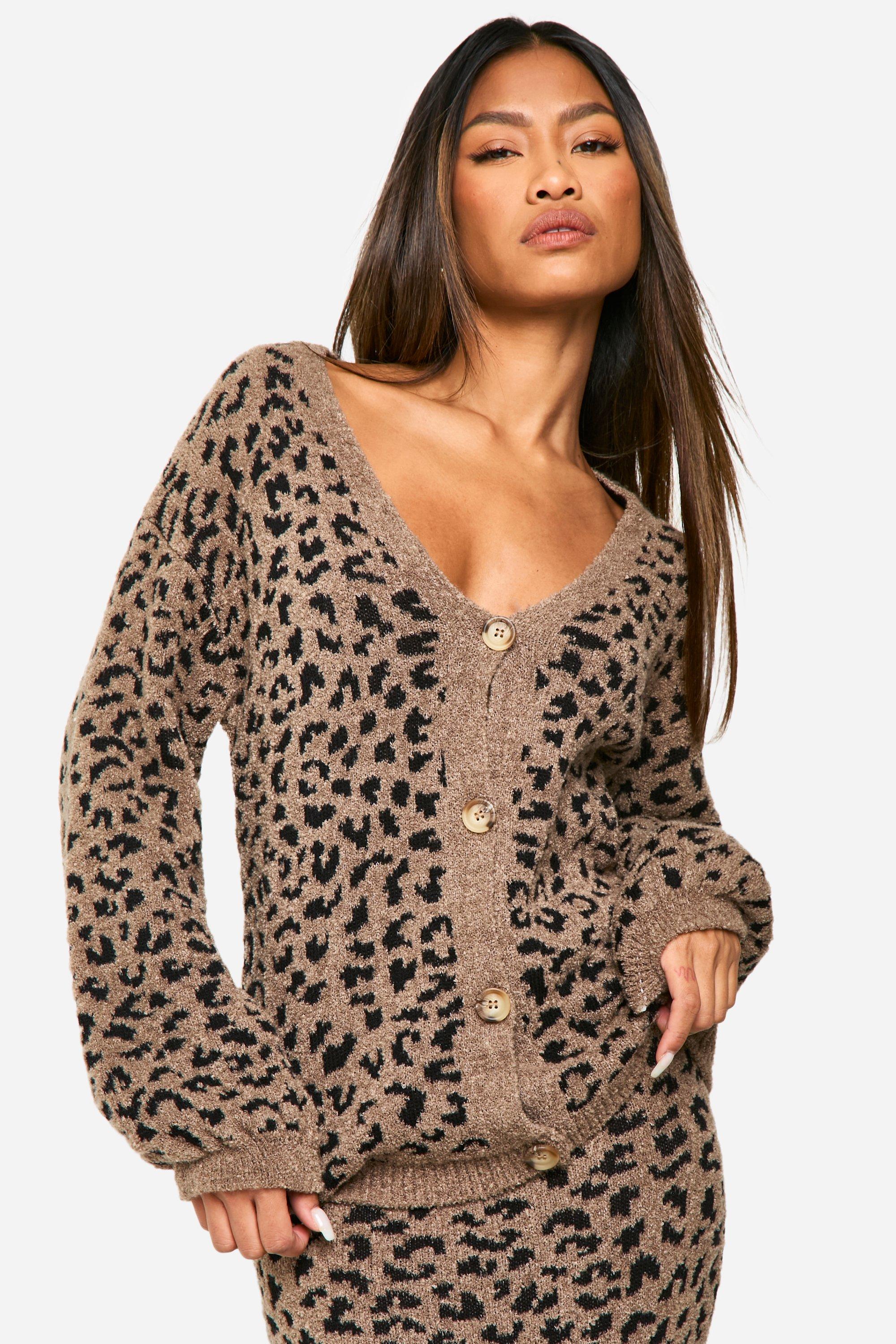 Boohoo Leopard Borg Knitted Cardigan, Leopard