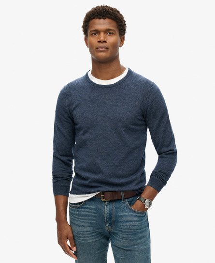 Superdry Mannen Merino Trui met Ronde Hals Blauw