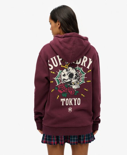 Superdry Vrouwen Tattoo Hoodie met Losse Pasvorm en Print op de Achterkant Paars