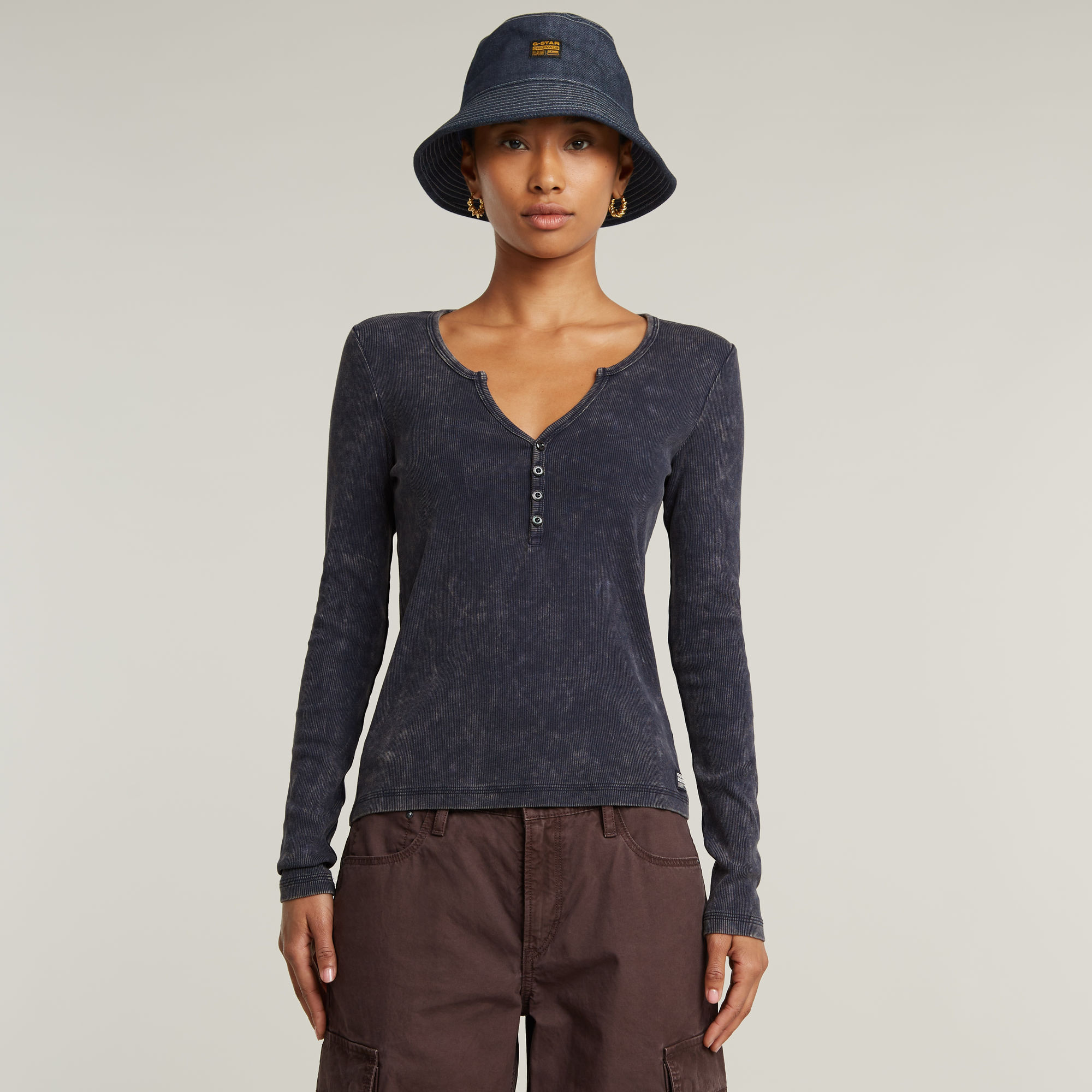 G-Star RAW Deep V Overdyed Henley Slim Top - Donkerblauw - Dames