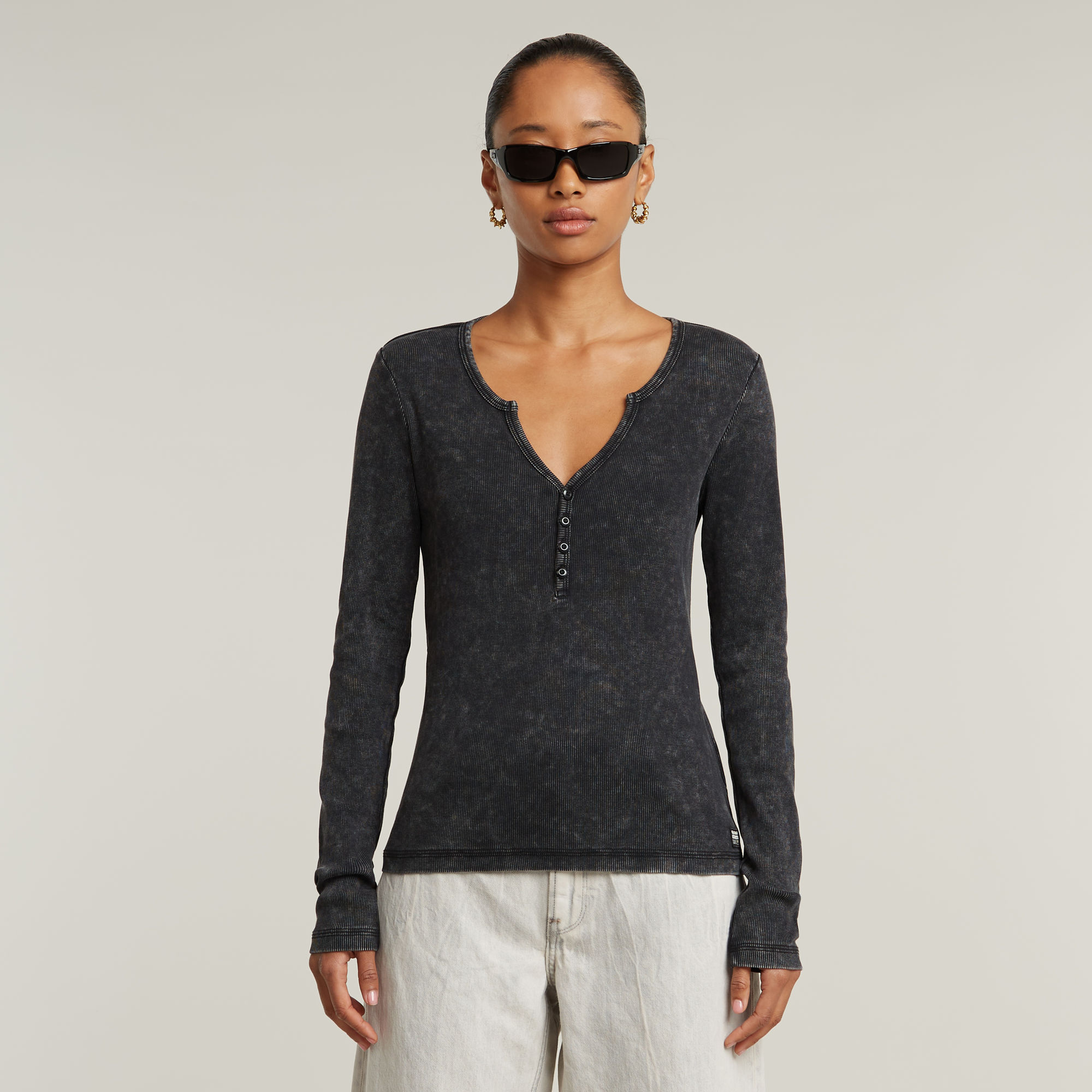 G-Star RAW Deep V Overdyed Henley Slim Top - Zwart - Dames