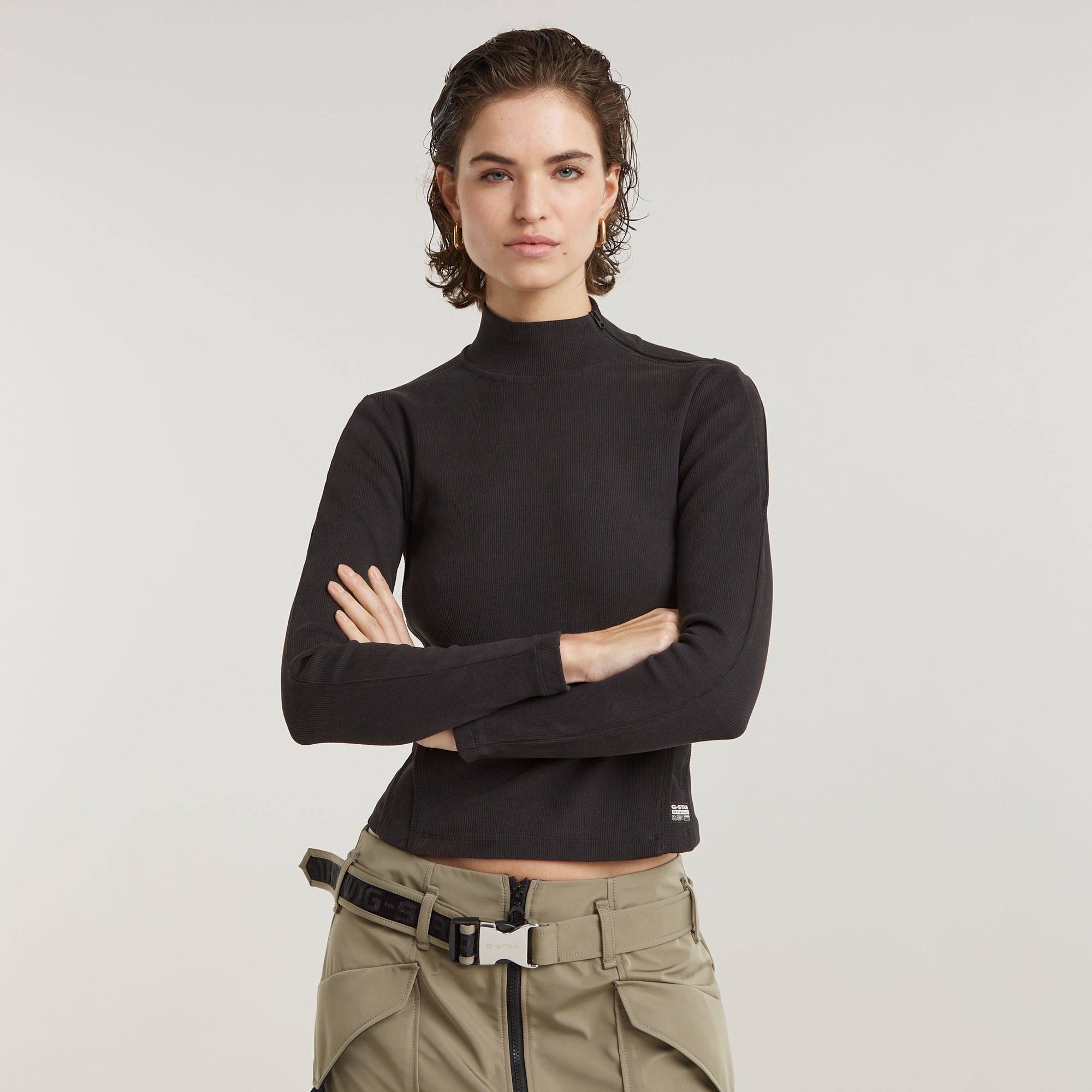 G-Star RAW Asymmetric Zip Cropped Slim Mock Top - Zwart - Dames