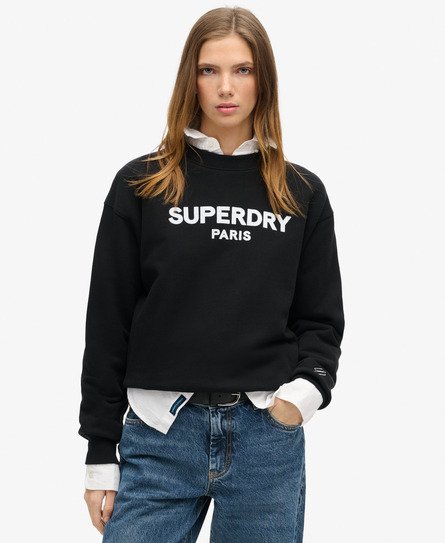 Superdry Vrouwen Luxe Sport-sweatshirt met Ronde Hals en Losse Pasvorm Zwart