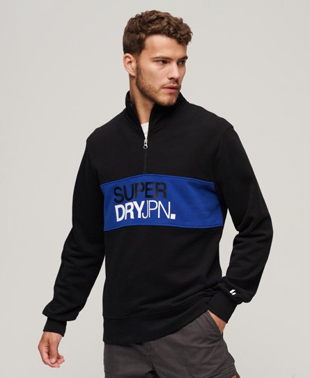 Superdry Mannen Sportswear Sweatshirt met Ronde Hals, Korte Rits en Losse Pasvor Zwart