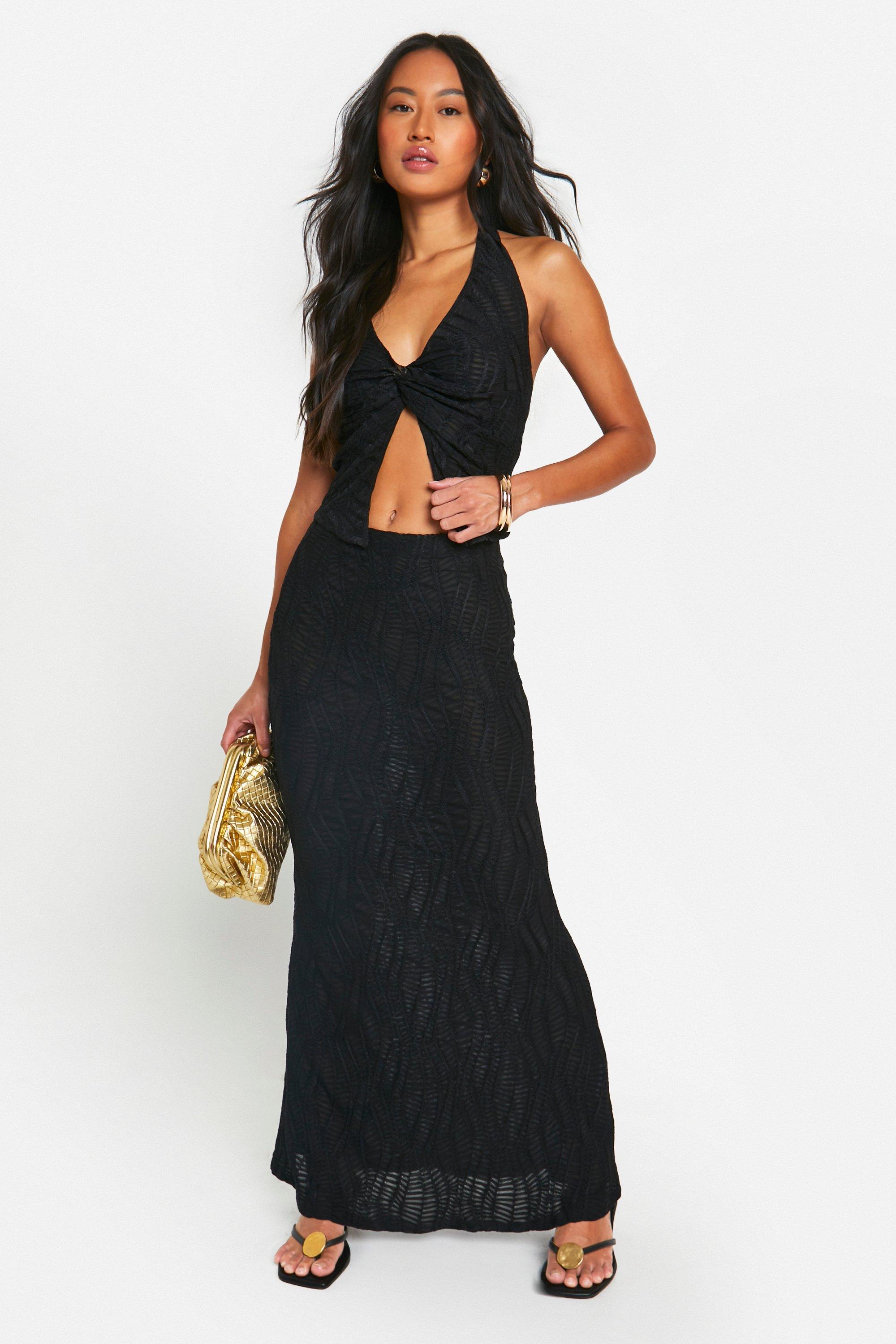 Boohoo Gekreukelde Maxi Rok Met Textuur En Wijde Zoom, Black