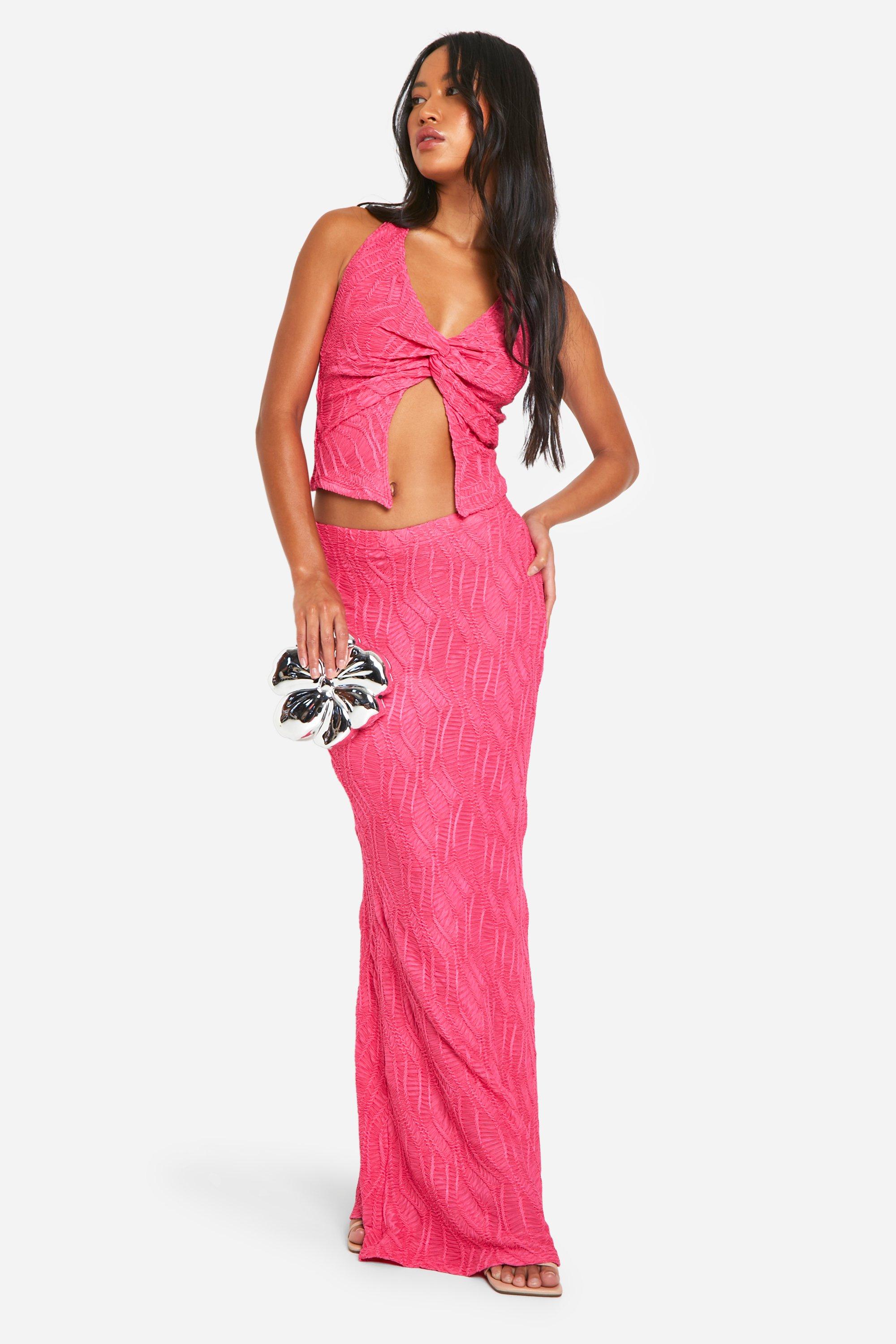 Boohoo Gekreukelde Maxi Rok Met Textuur En Wijde Zoom, Hot Pink