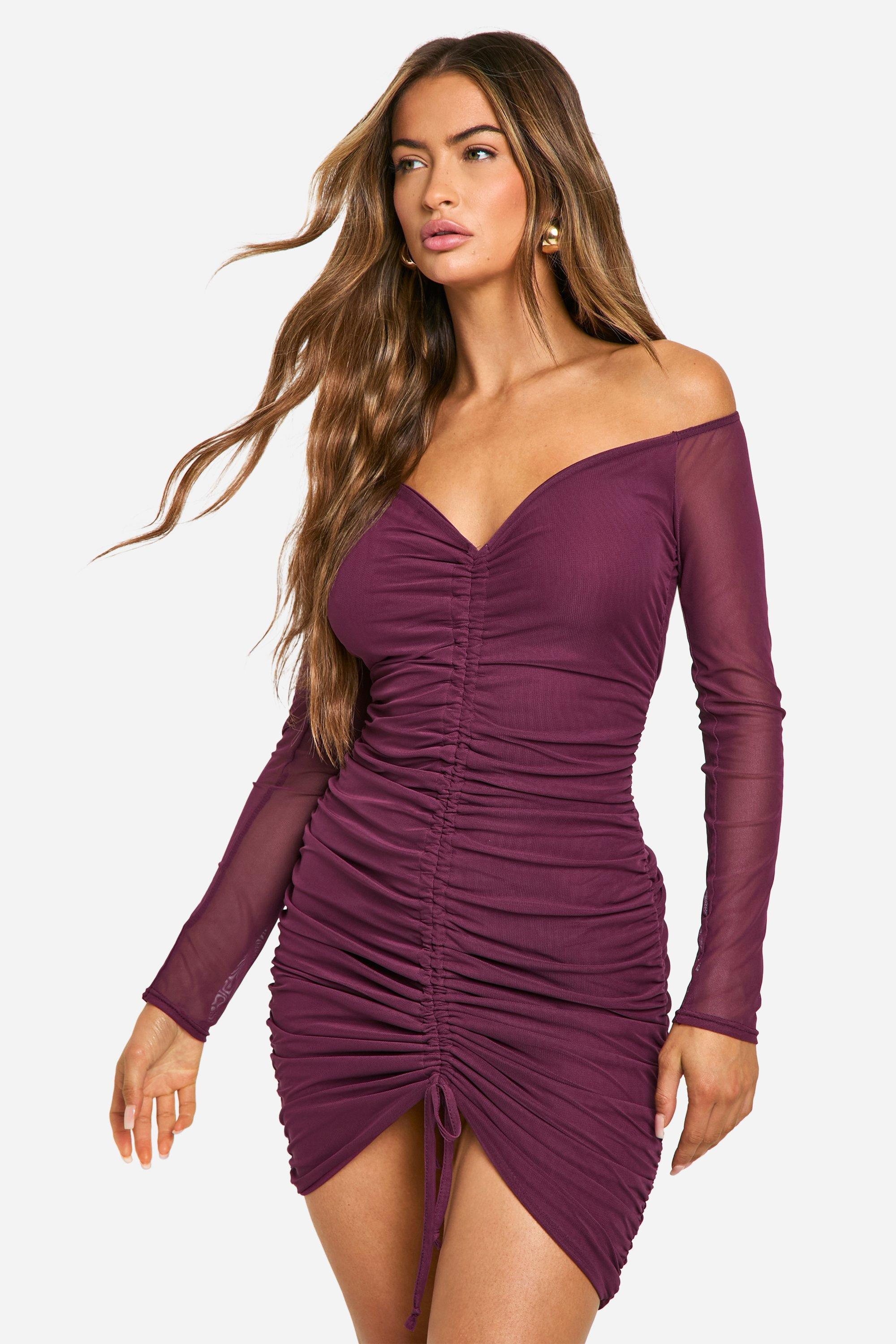 Boohoo Mesh Ruched Off Shoulder Mini Dress, Plum