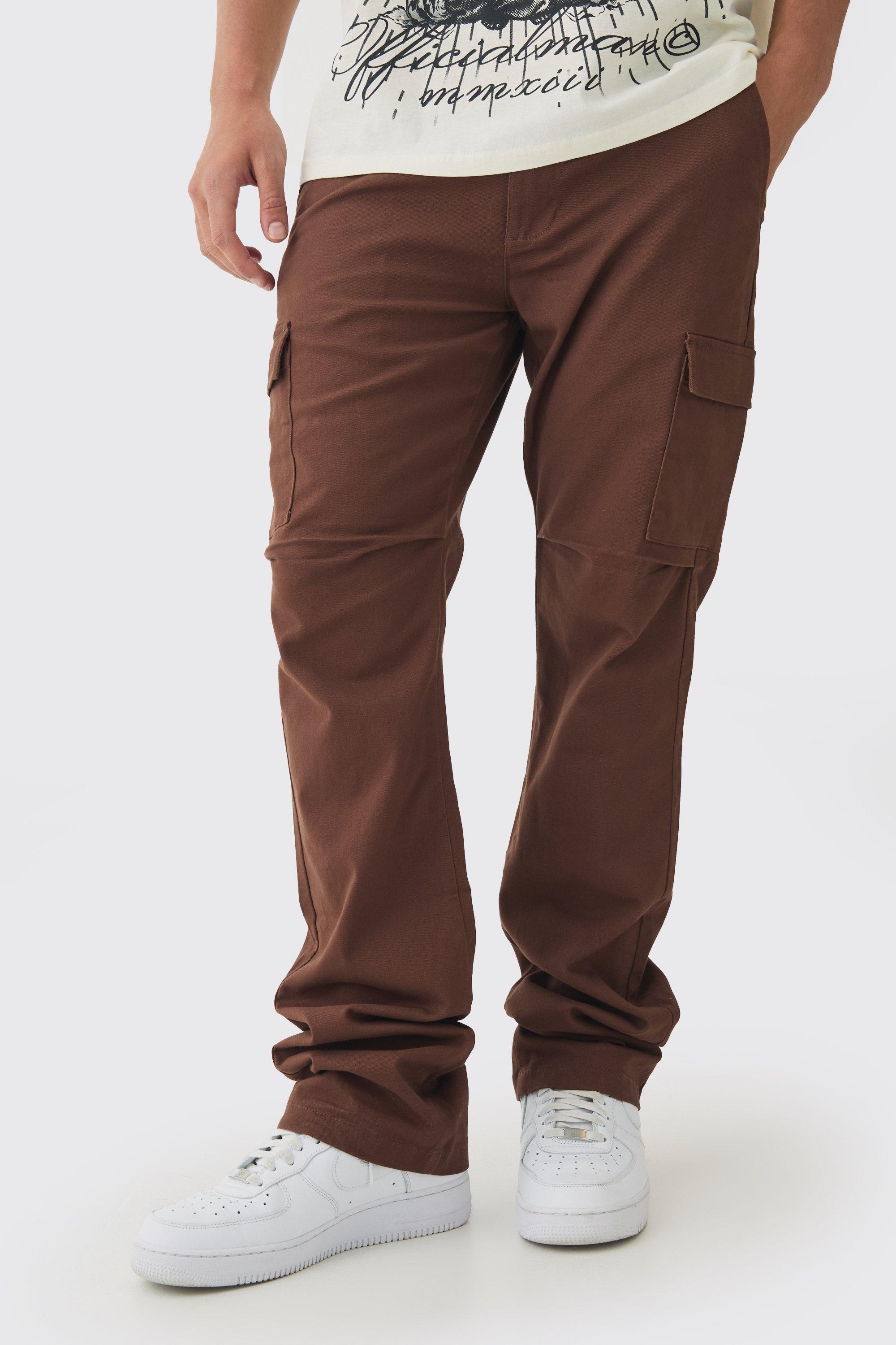 Boohoo Fixed Waist Slim Flare Stacked Twill Cargo Pants, Chocolate