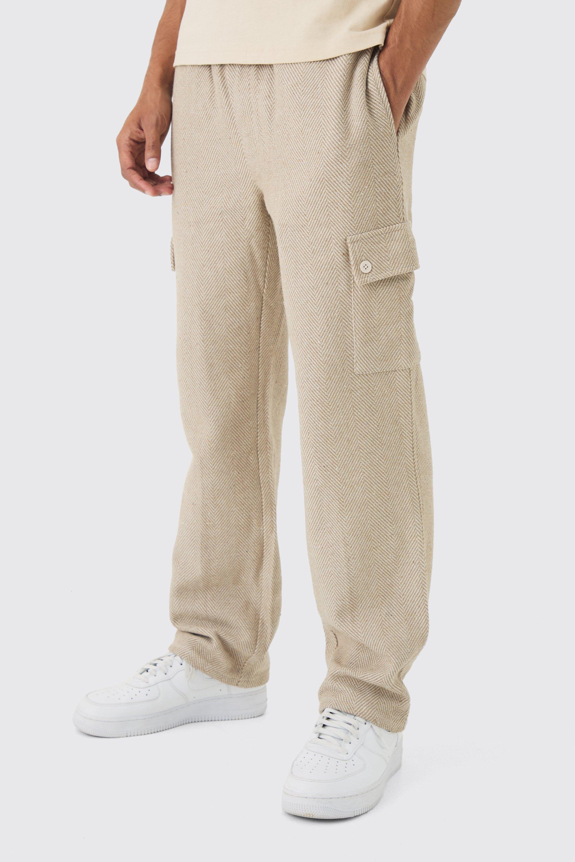 Boohoo Elasticated Waist Relaxed Herringbone Textured Cargo Pants, Taupe