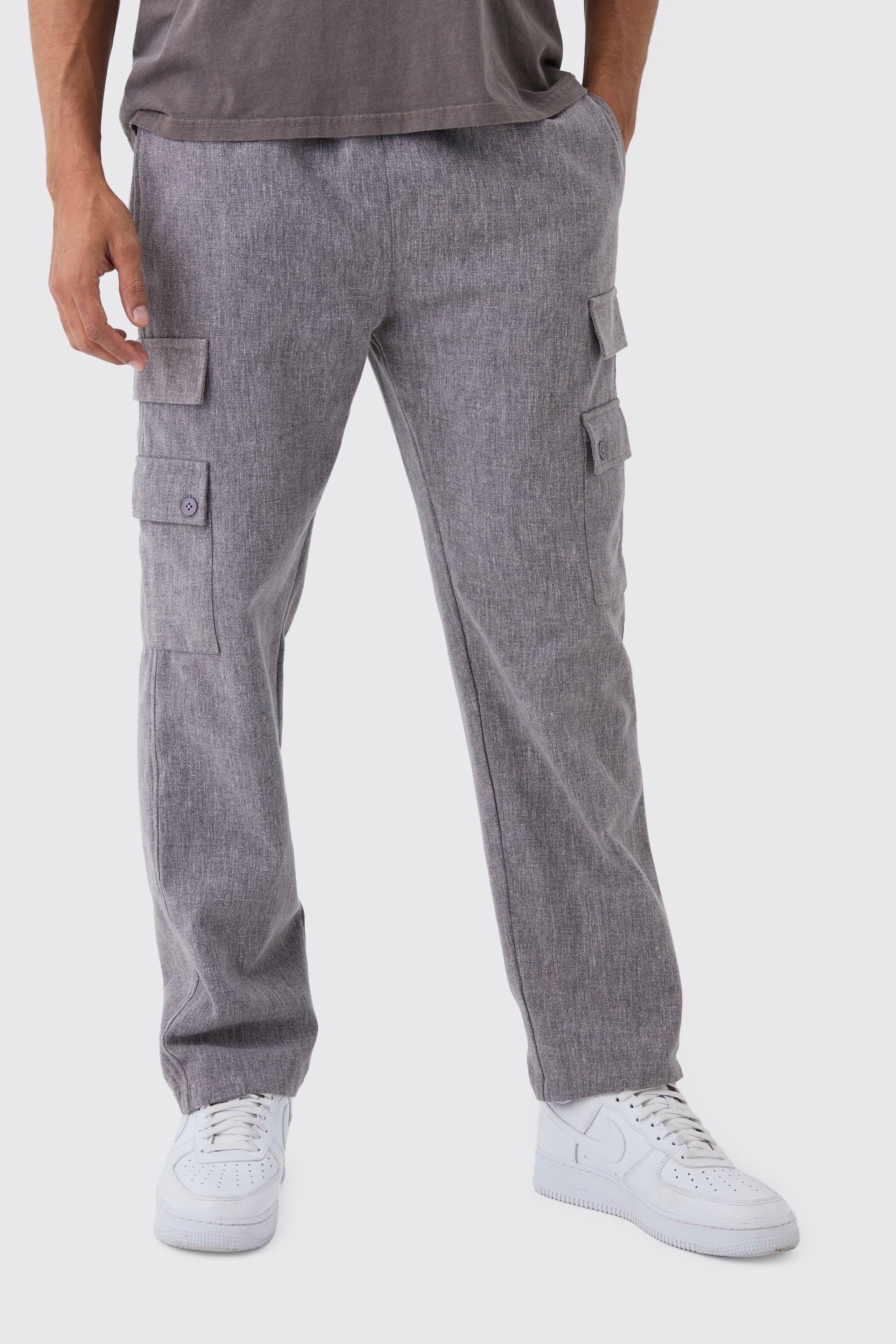 Boohoo Elasticated Waist Straight Leg Heavy Slub Cargo Pants, Grey