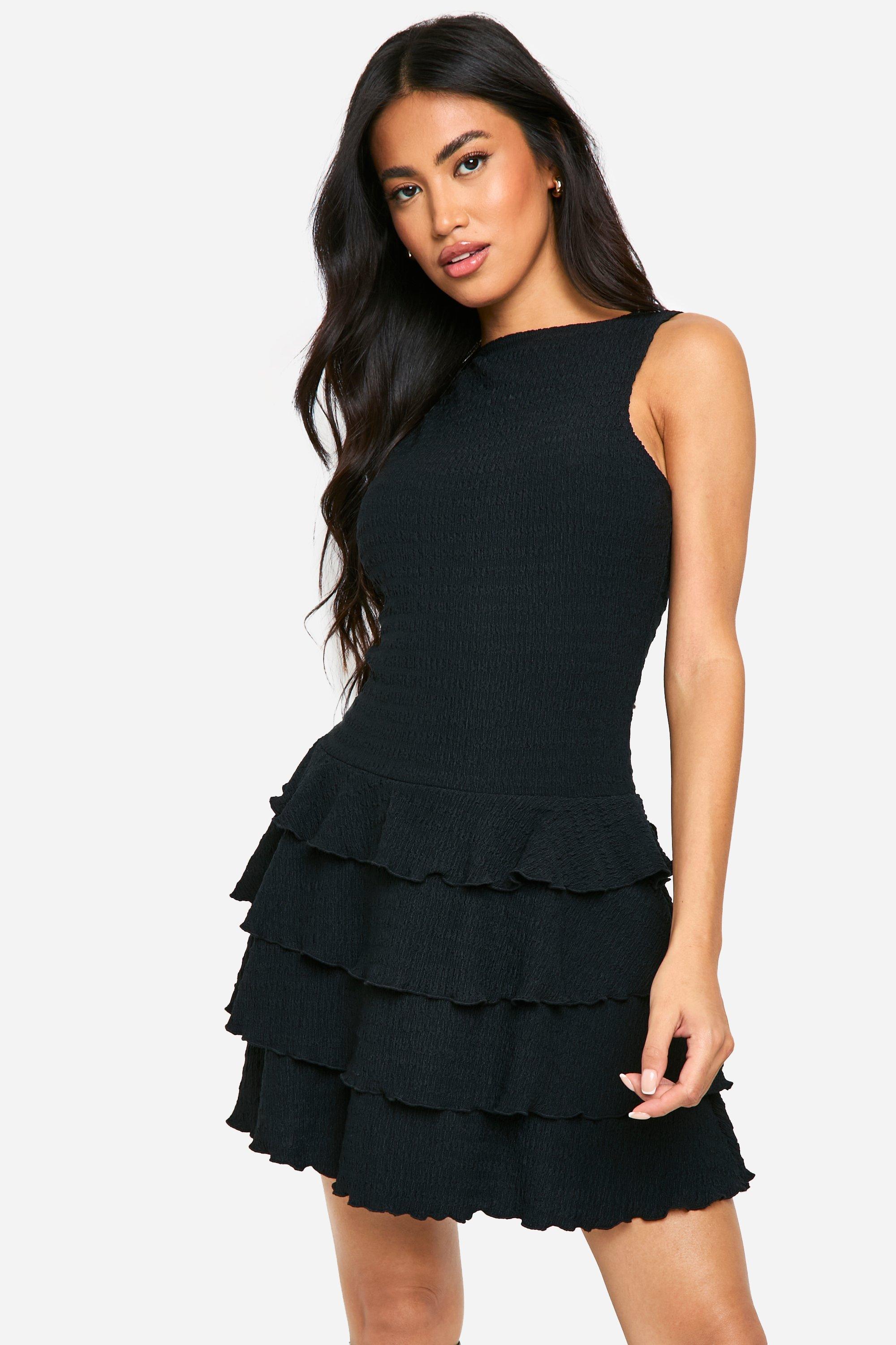 Boohoo Textured Ruffle Layered Hem Racer Neck Mini Dress, Black