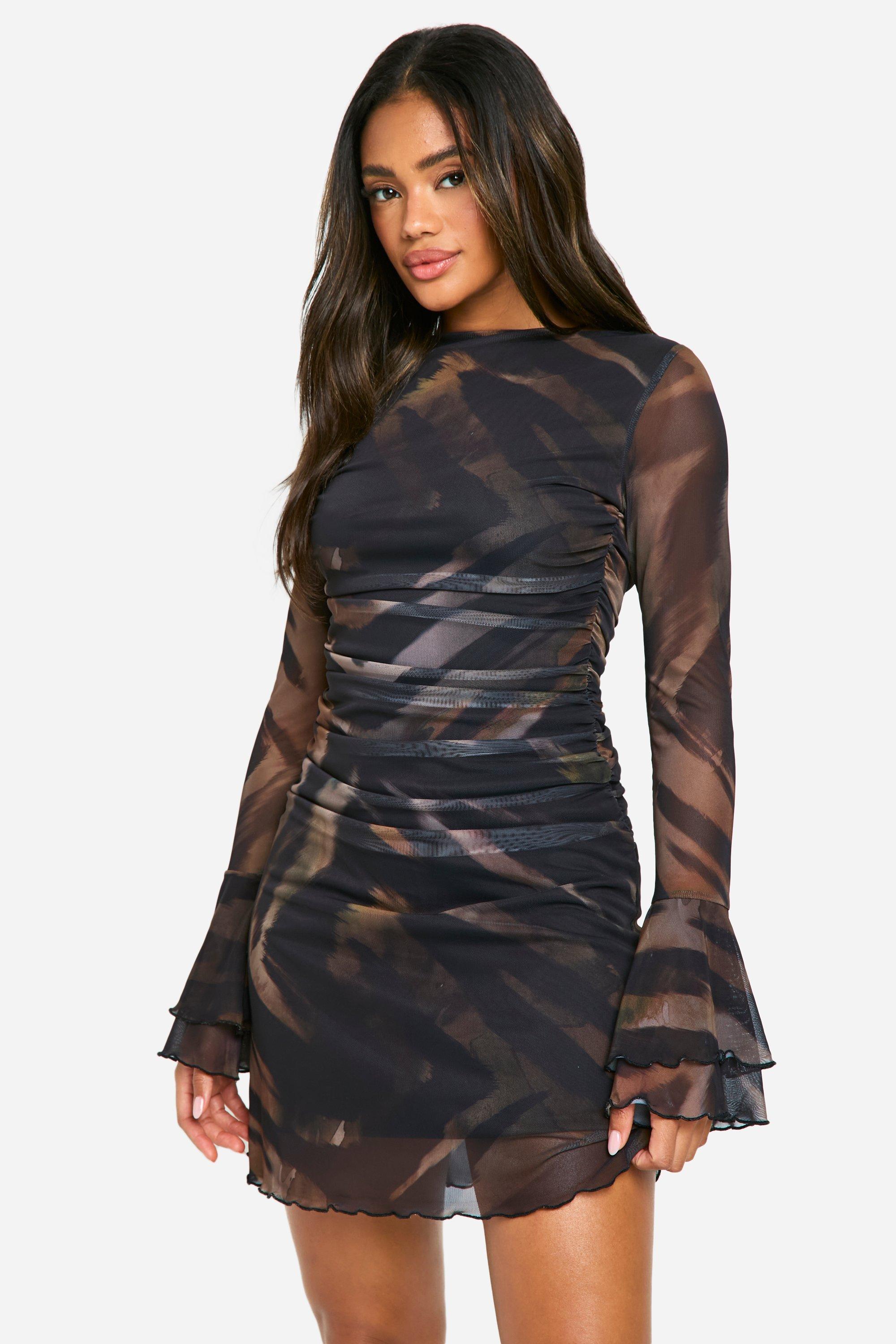 Boohoo Printed Mesh Flare Sleeve Mini Dress, Brown