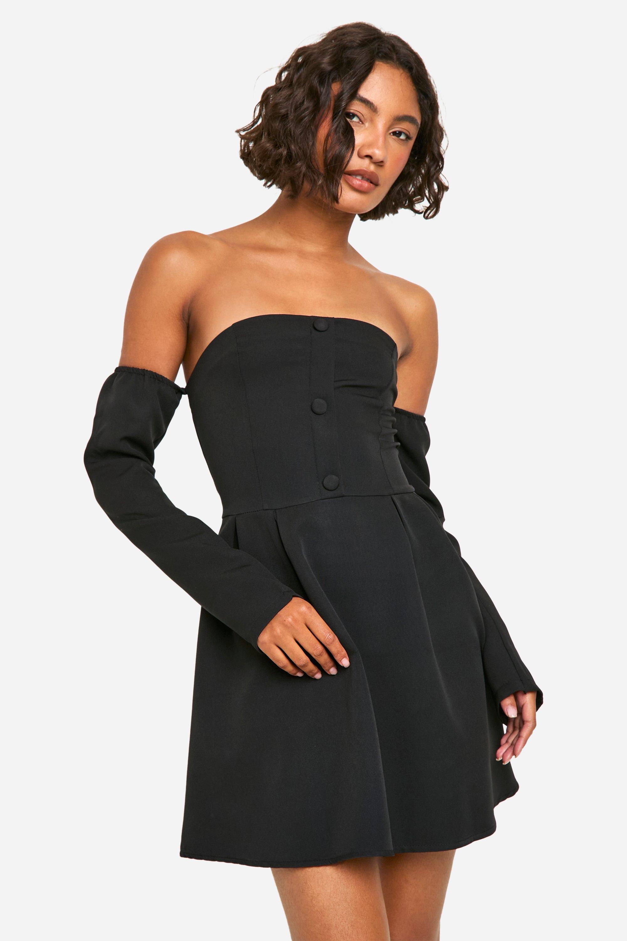 Boohoo Tall A-Line Bardot Long Sleeve Mini Dress, Black