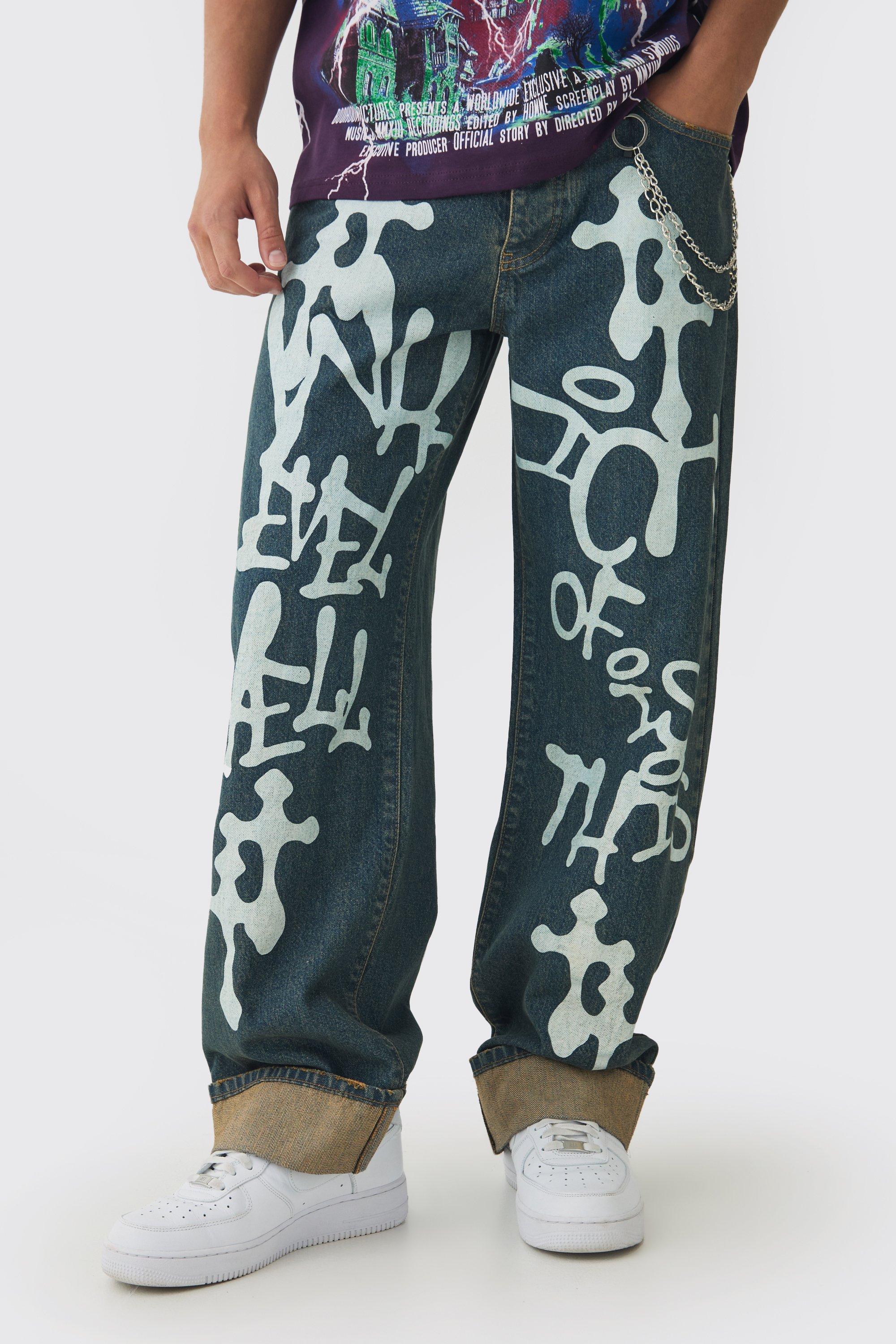 Boohoo Onbewerkte Baggy Graffiti Jeans Met Print, Antique Blue