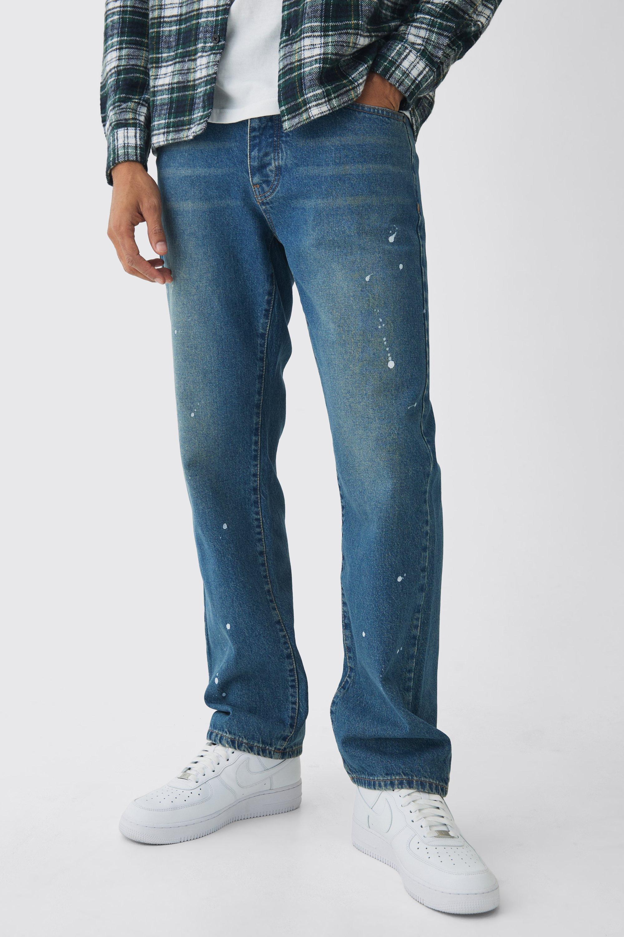 Boohoo Straight Leg Paint Splatter Jeans With Tonal Embroidery, Antique Blue