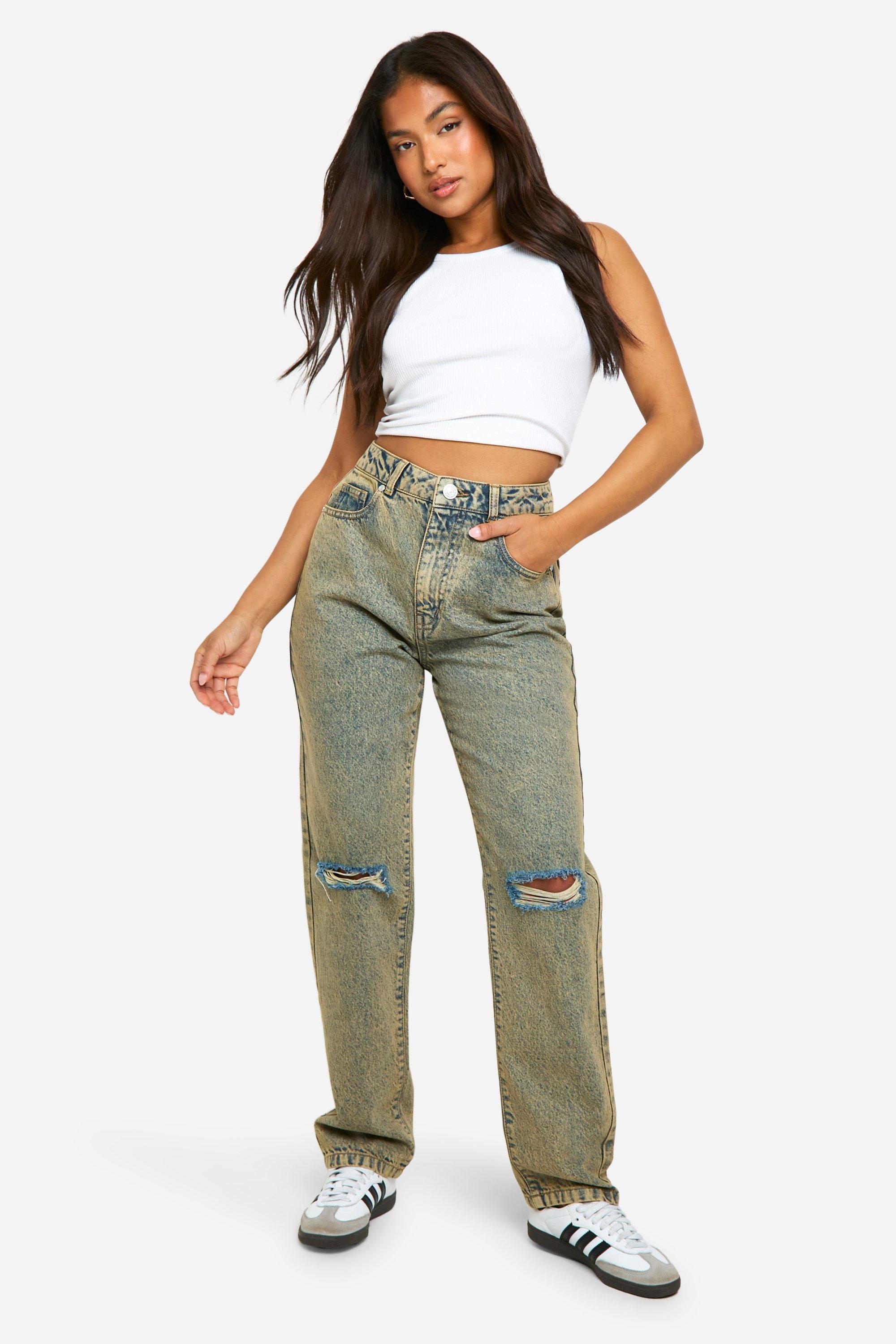 Boohoo Petite Basic Jeans Met Hoge Taille, Rechte Pijpen En Gescheurde Knieën, Sand