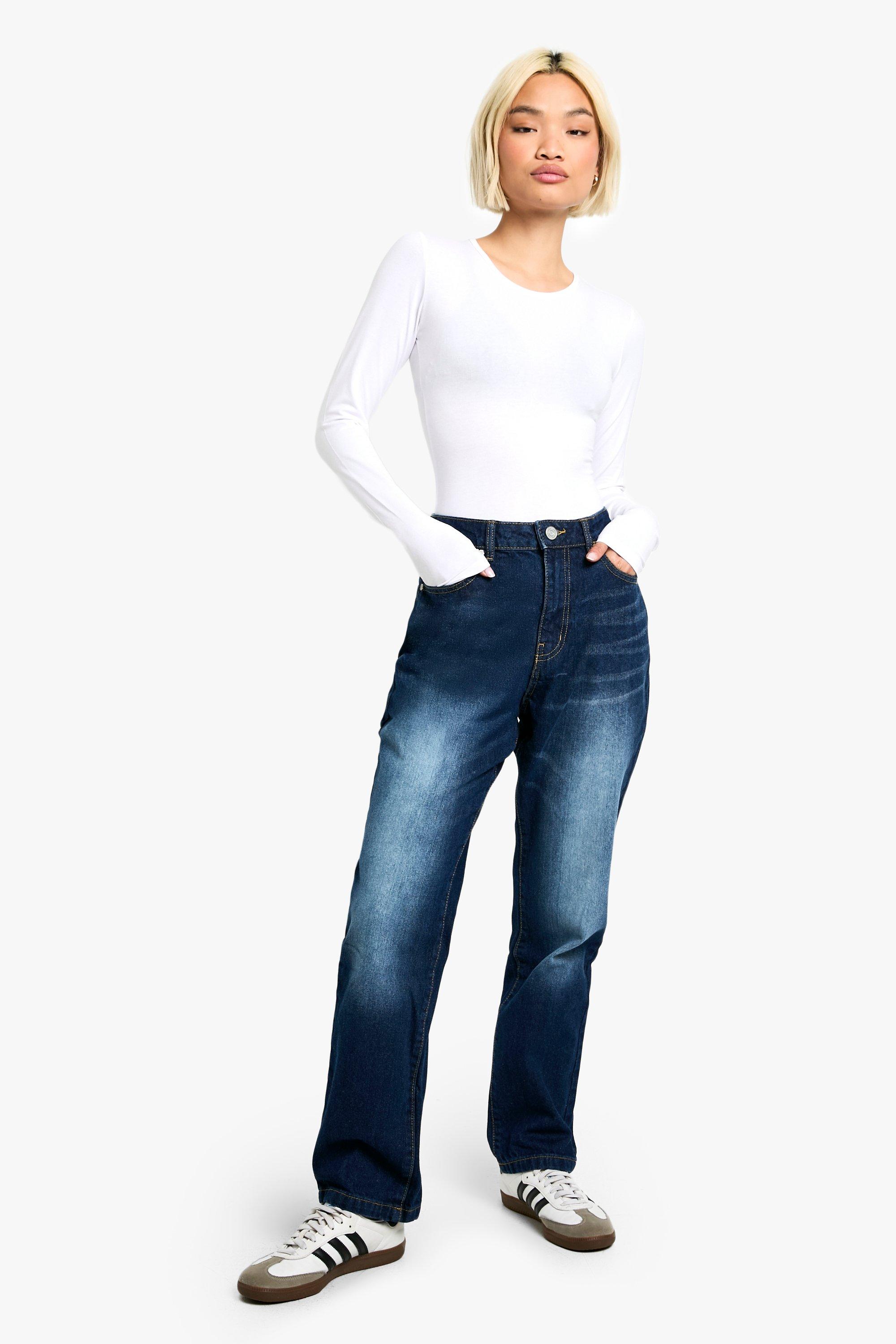 Boohoo Petite Basic High Waist Jeans Met Rechte Pijpen, Washed Indigo