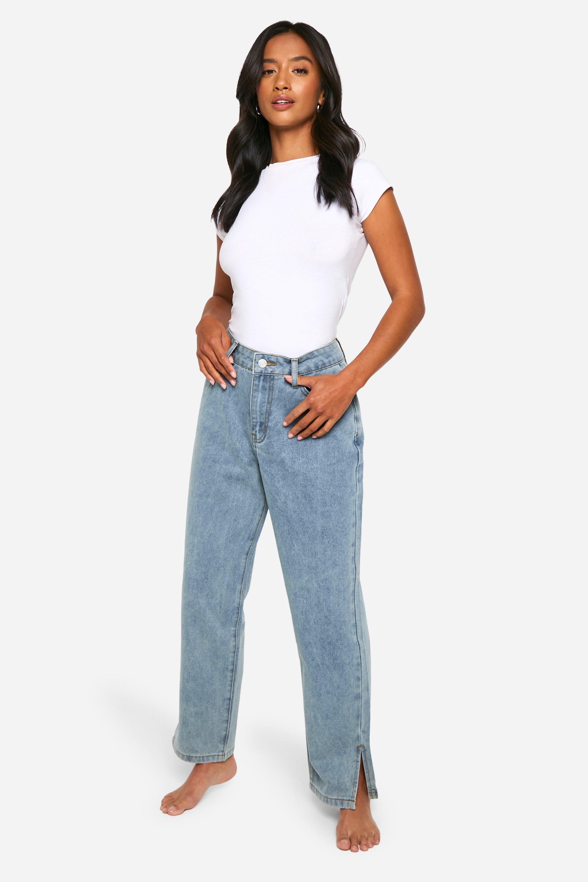 Boohoo Petite Basic Jeans Met Split En Rechte Pijpen, Washed Blue