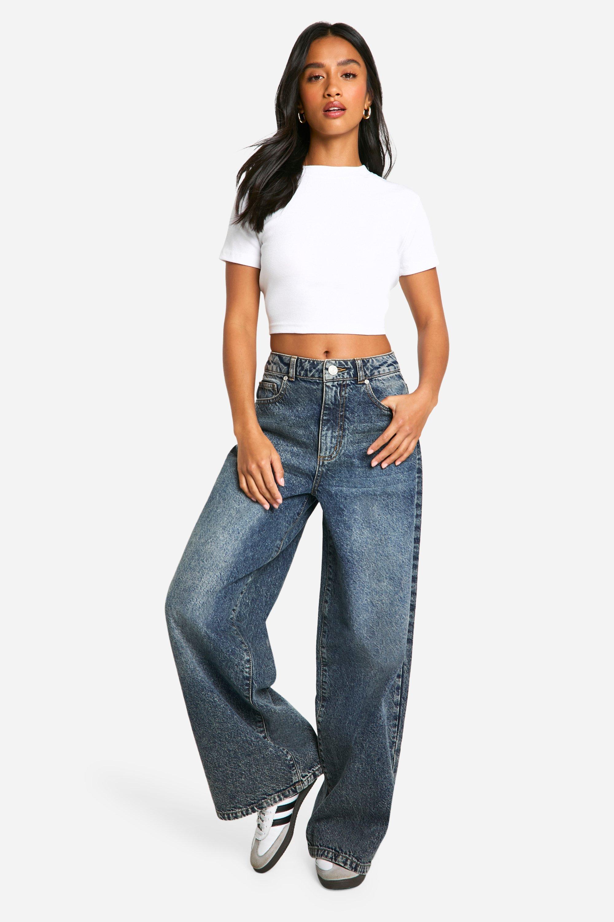 Boohoo Petite Basic High Waist Super Wide Leg Jeans, Vintage Blue