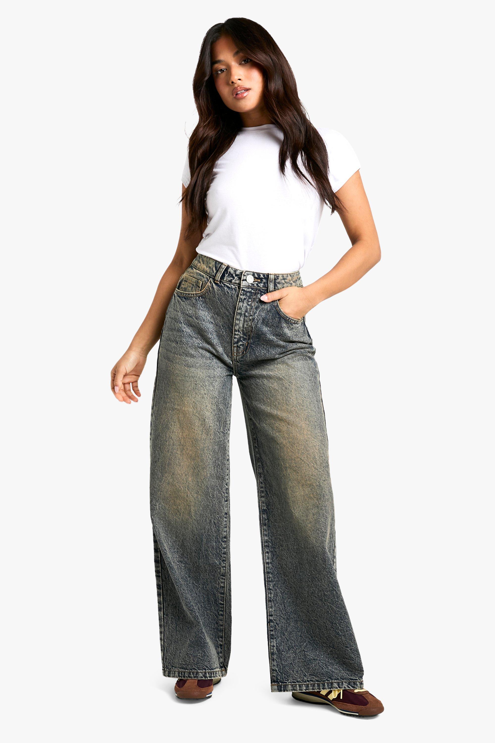 Boohoo Petite Basic High Waist Wide Leg Jeans, Vintage Wash