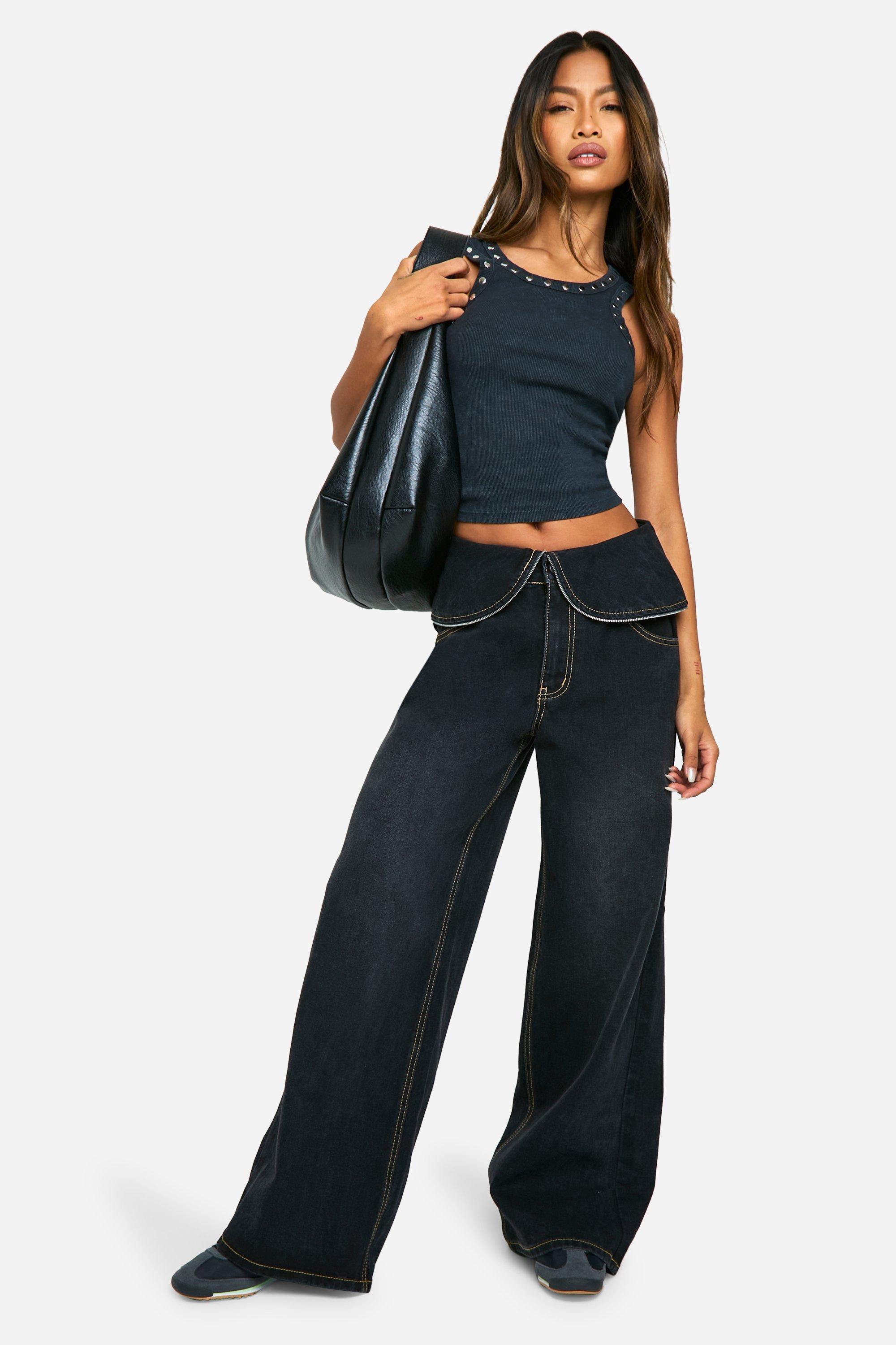 Boohoo Wide Leg Jeans Met Vouw Rits Detail, Vintage Wash