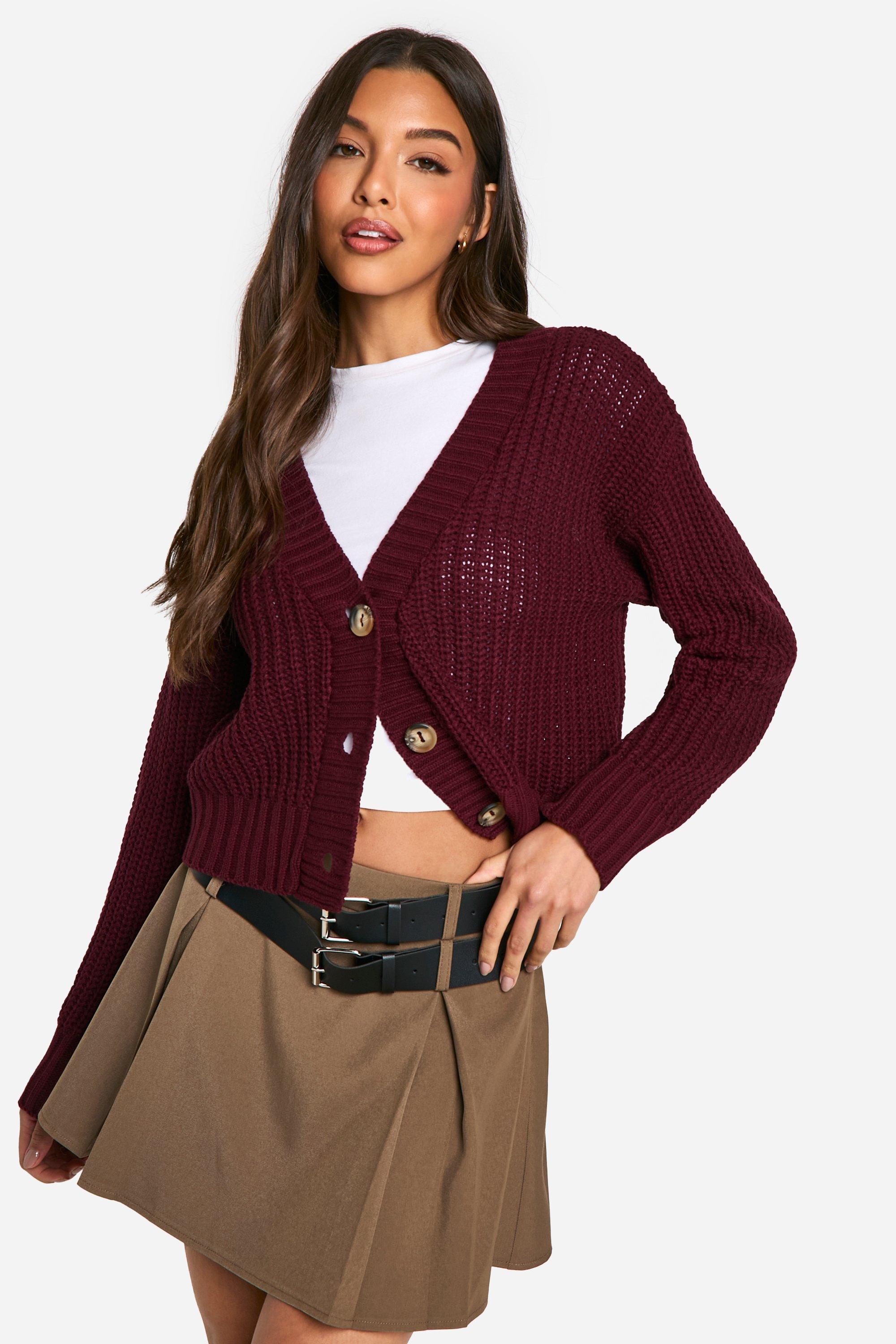 Boohoo Button Through Crop Cardigan, Plum