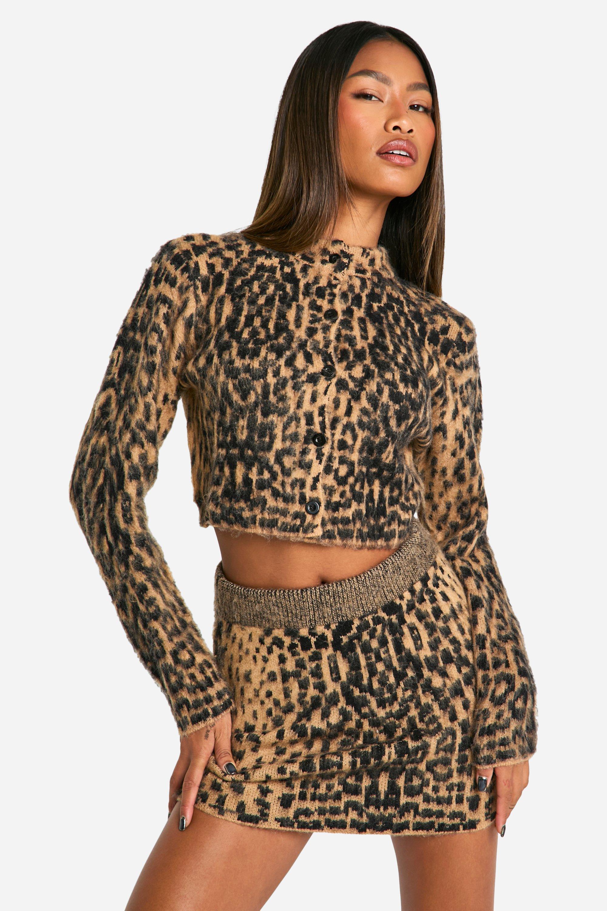 Boohoo Geborsteld Gebreid Luipaardprint Mini Rokje, Brown