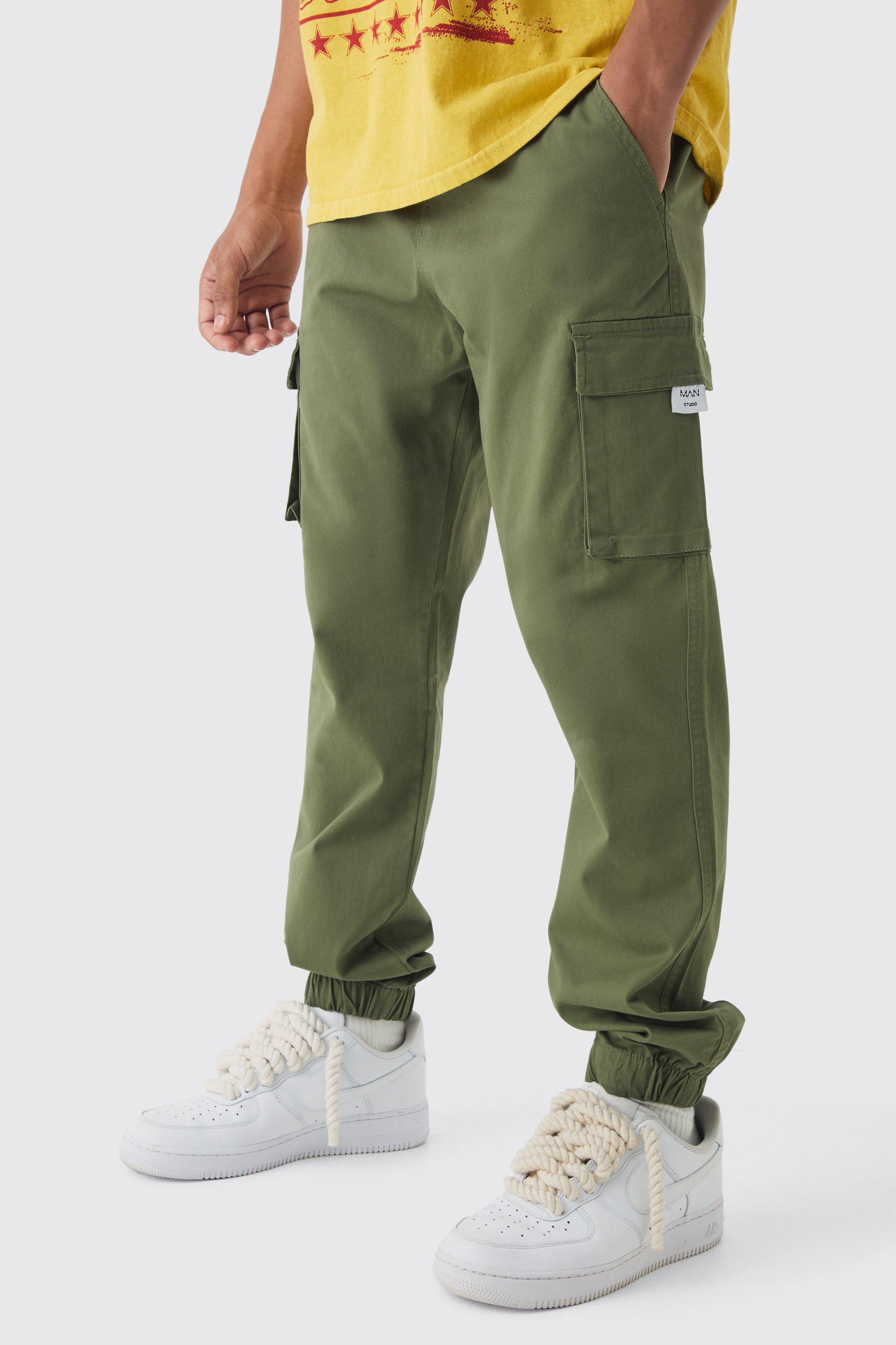 Boohoo Slim Fit Elasticated Waist Woven Tab Cuffed Cargo Pants, Khaki