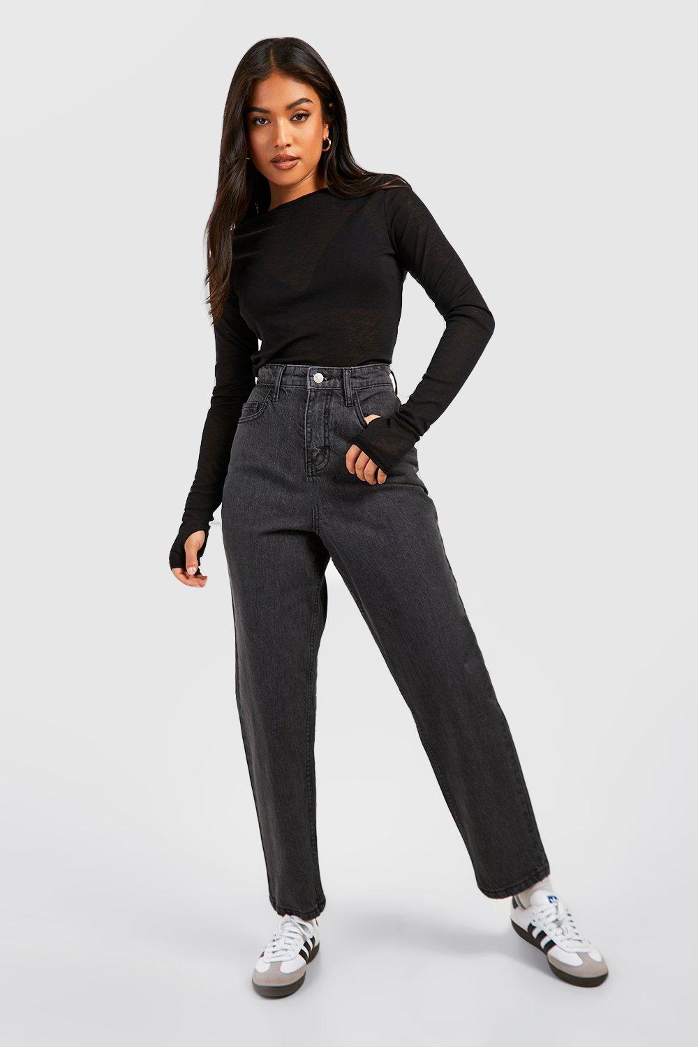 Boohoo Petite Donkergrijze High Rise Mom Jeans 26', Dark Grey