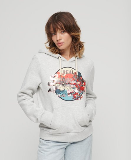 Superdry Vrouwen Japanse Vintage Logo Hoodie met Grafische Print Lichtgrijs