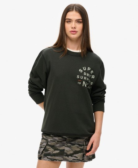 Superdry Vrouwen Surplus Sweatshirt met Ronde Hals en Print Zwart