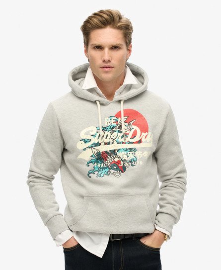 Superdry Mannen Tokyo Hoodie met Vintage Logo en Grafische Print Lichtgrijs