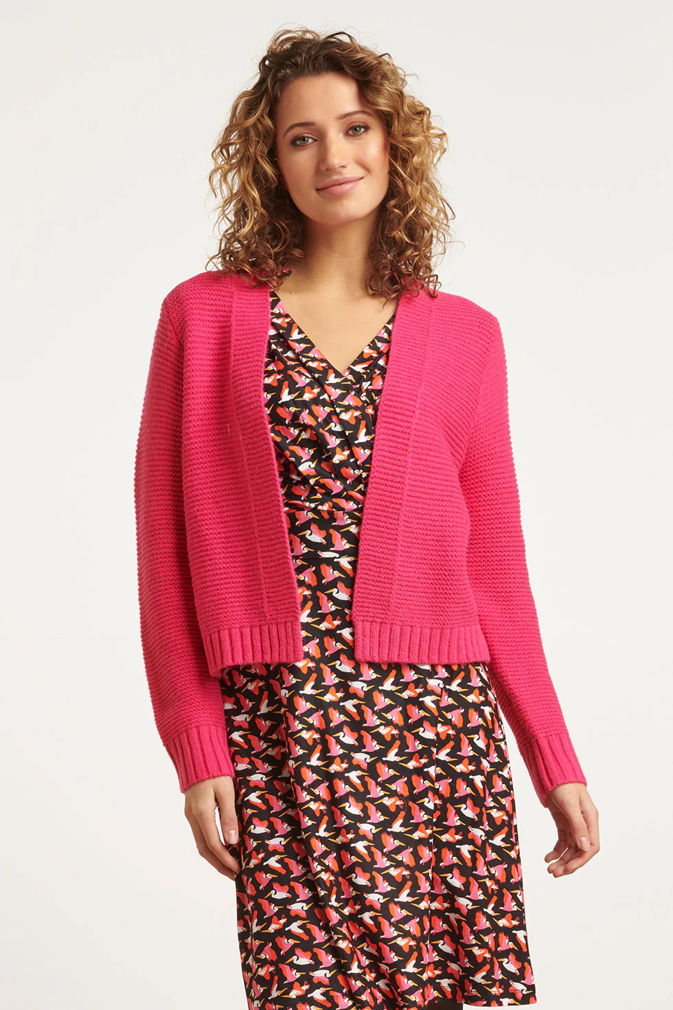 Smashed Lemon 23608 open dikke rib gebreide cardigan in fuchsia