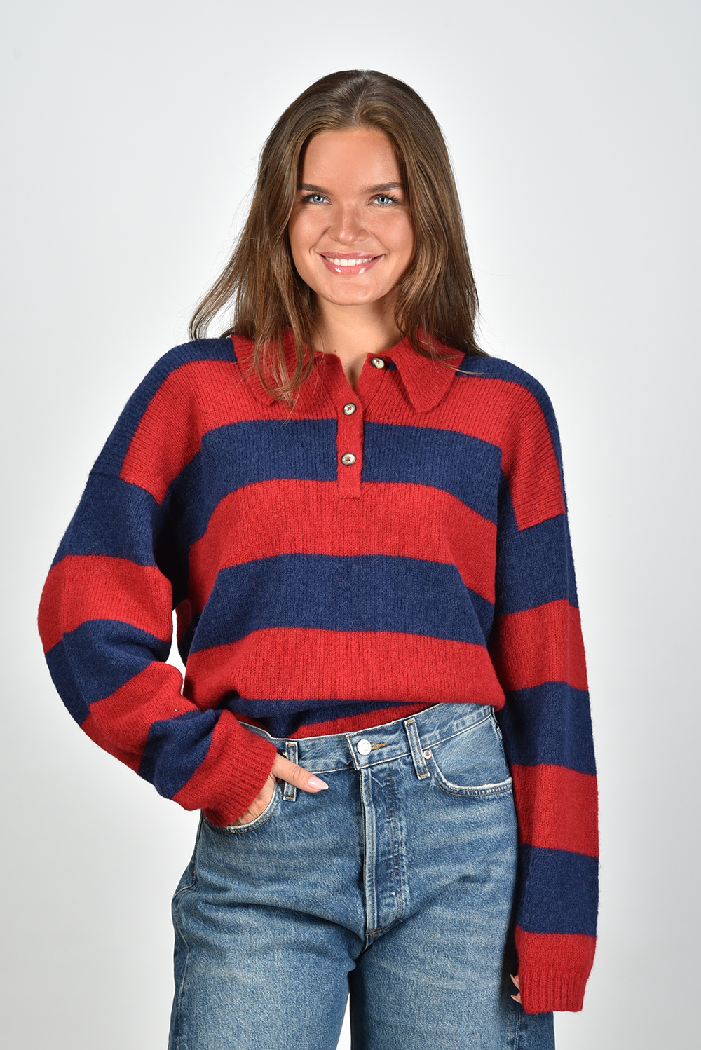 Xirena gestreepte sweater Brenton met geribde kraag rood