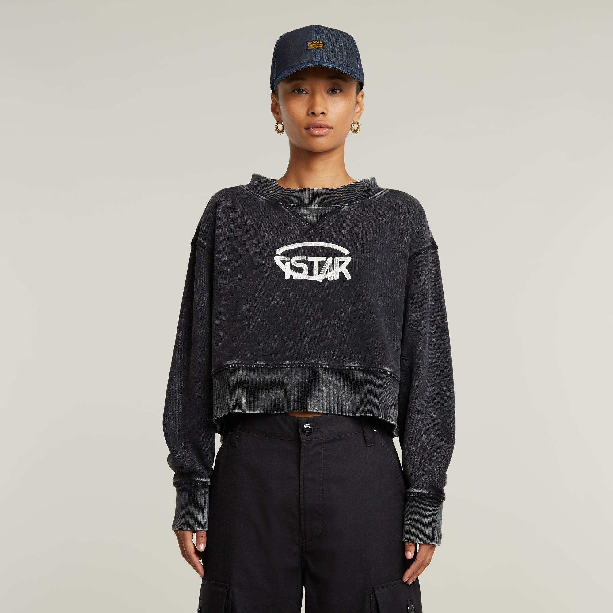 G-Star RAW Overdyed Cropped Logo Loose Sweater - Zwart - Dames