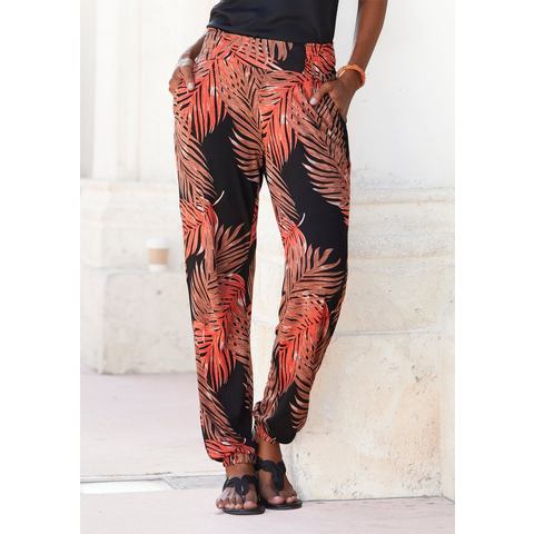 Lascana Strandbroek met print van palmbladeren en zakken, lichtgewicht en elastische jersey broek