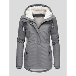 Light in the box Dames Winterjas Pufferjas Sherpa jas Winddicht Houd Warm Werk Casual Vetoketju nappi Met fleece gevoerd Enkele rij knopen Capuchon Buiten Effen Kleur Ruim Passend bovenkleding Lange mouw Winter Zwart