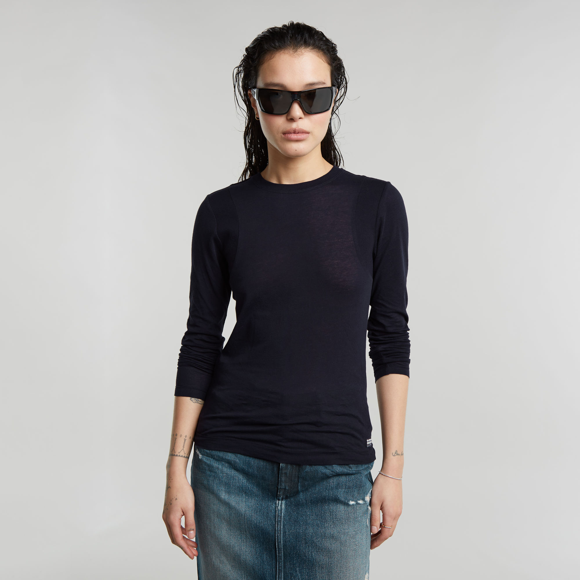 G-Star RAW Ribbed Shoulder Panels Slim Top - Donkerblauw - Dames