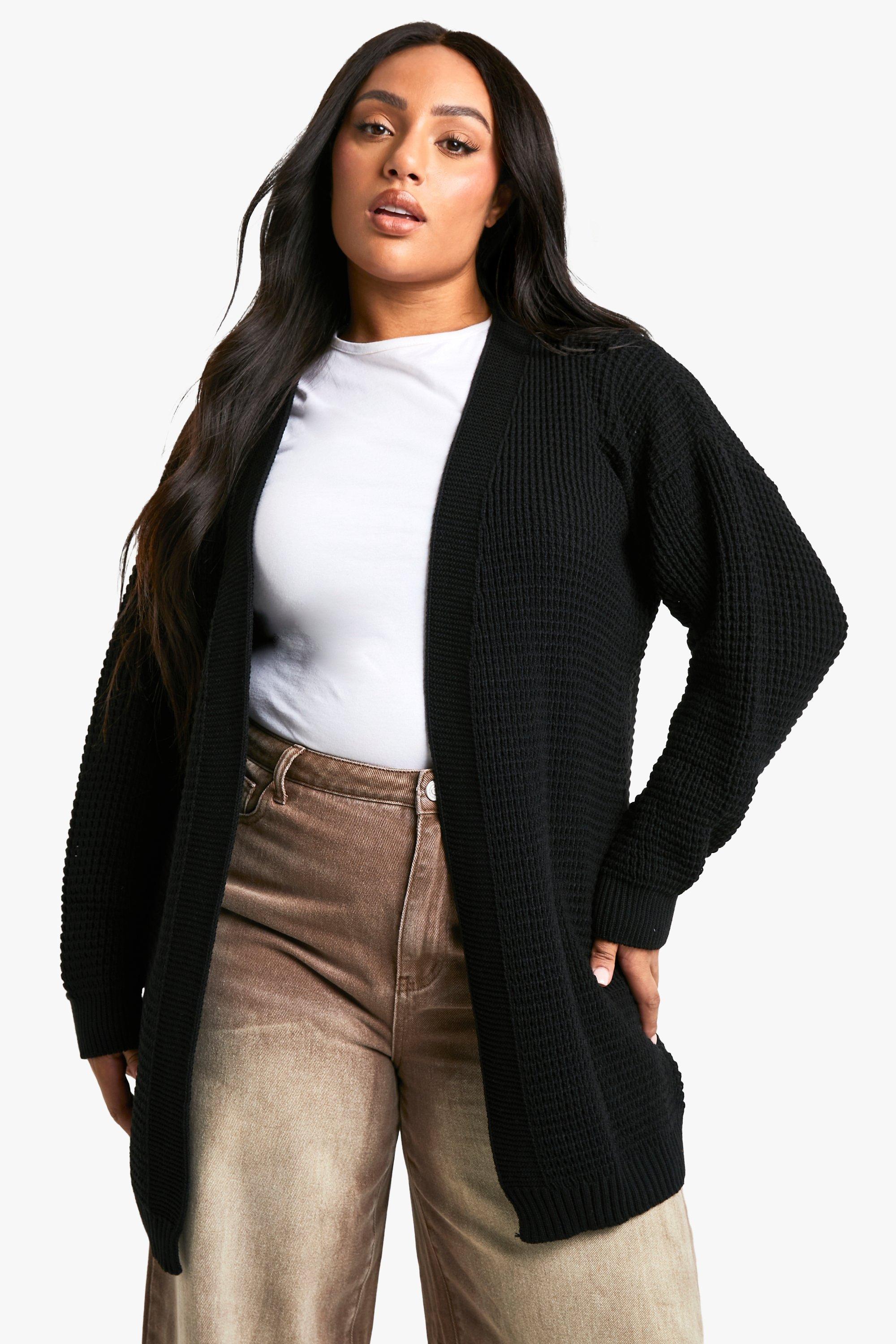 Boohoo Plus Wafel Gebreide Edge To Edge Cardigan, Black