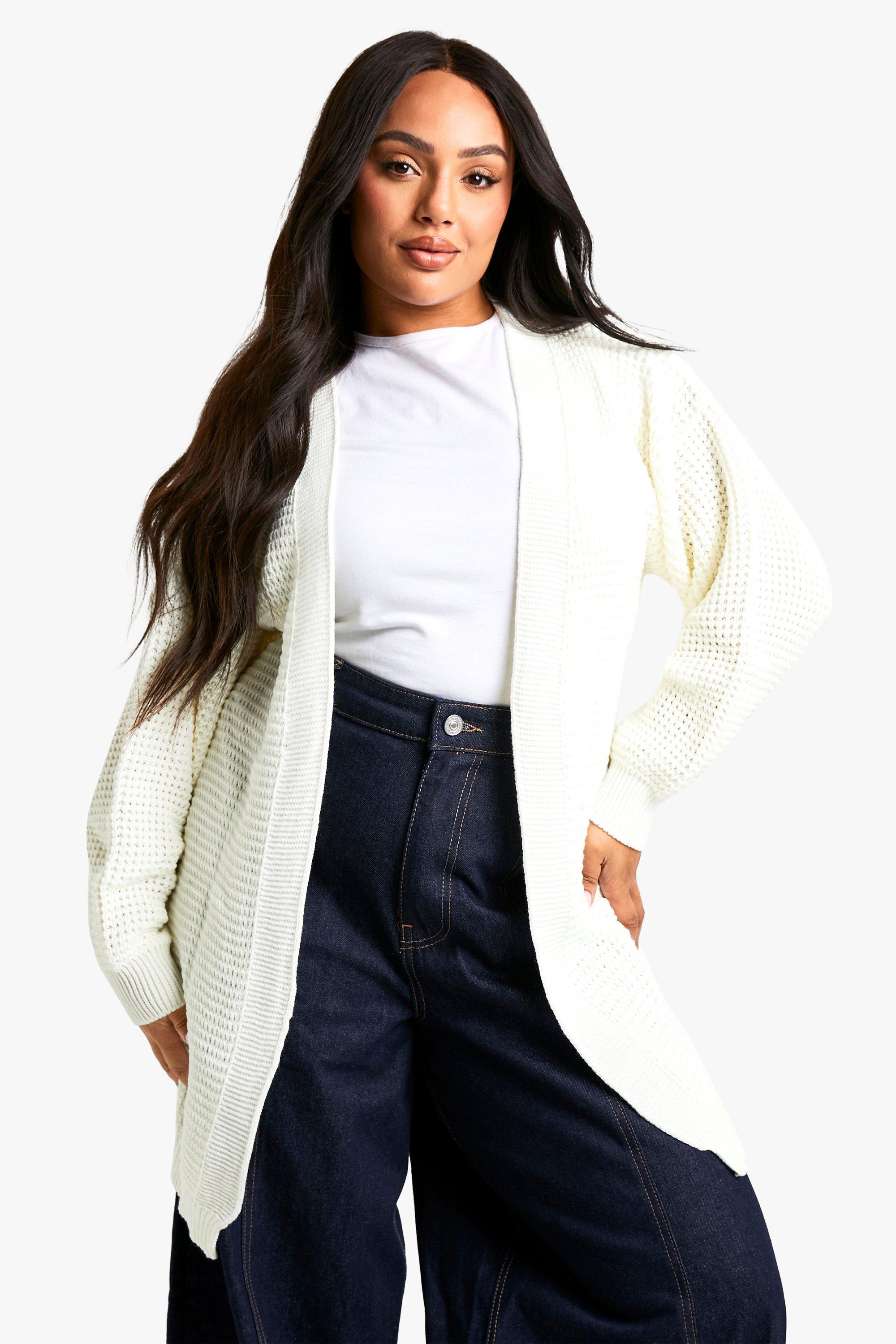 Boohoo Plus Wafel Gebreide Edge To Edge Cardigan, Cream