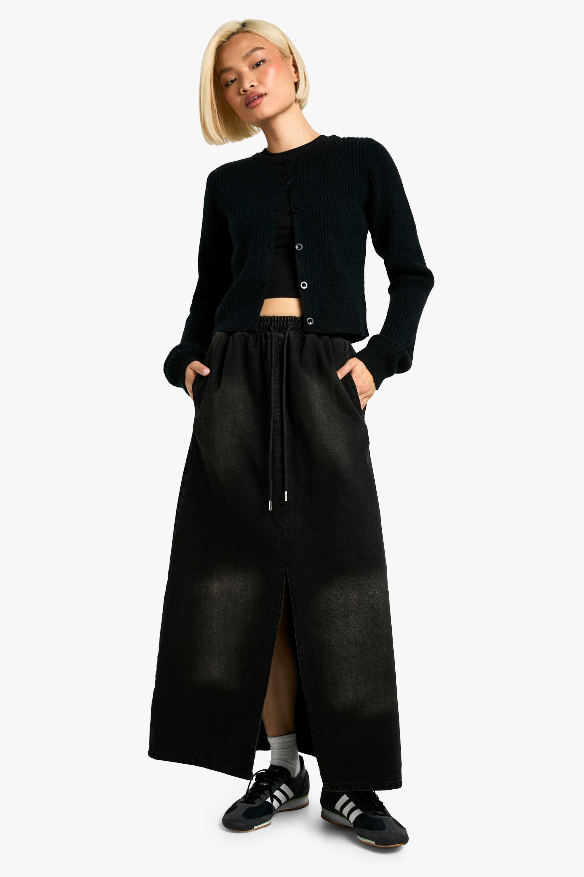 Boohoo Gebleekte Zwarte Maxi Rok Met Elastische Taille, Washed Black