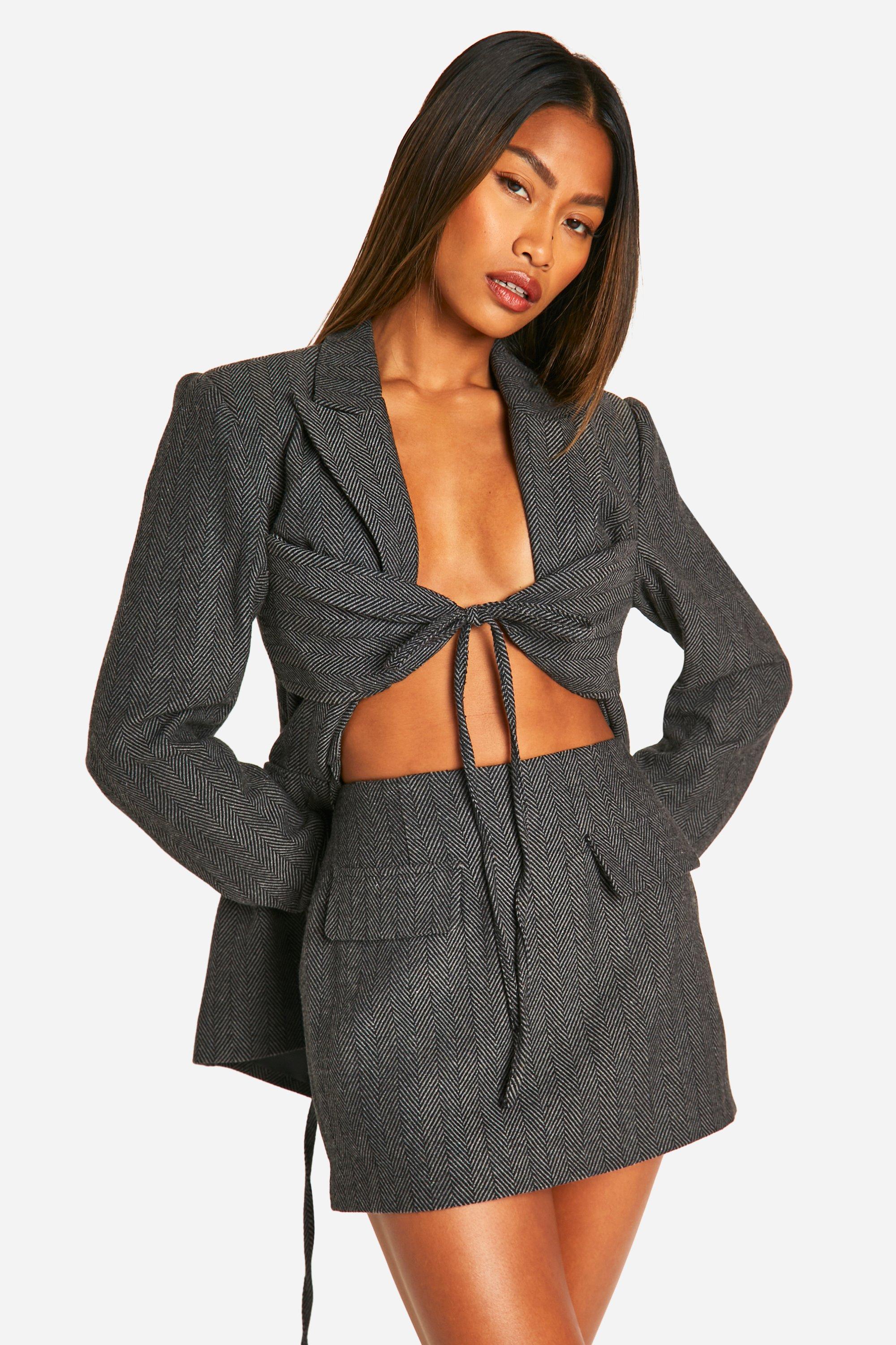 Boohoo Herringbone Mini Rokje Met Zak Detail, Charcoal