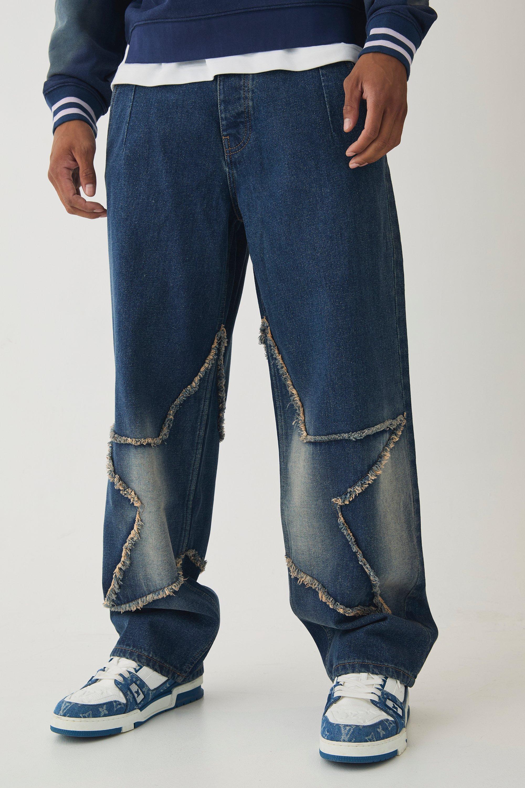 Boohoo Onbewerkte Baggy Jeans Met Grote Sterren, Vintage Blue