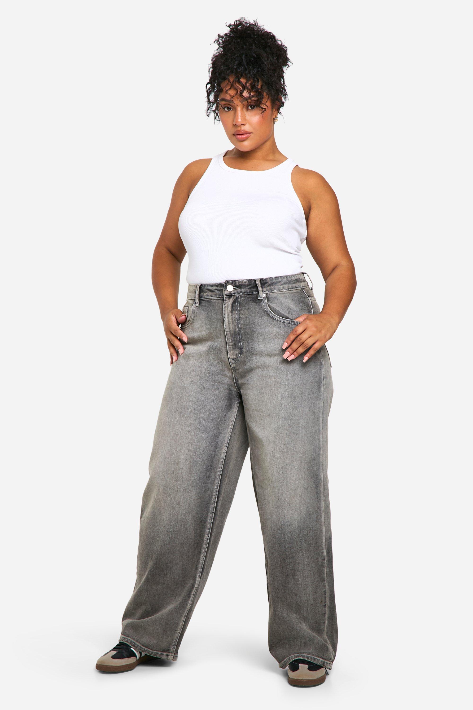 Boohoo Plus Gebleekte Grijze Denim Jeans Met Rechte Pijpen, Ice Grey