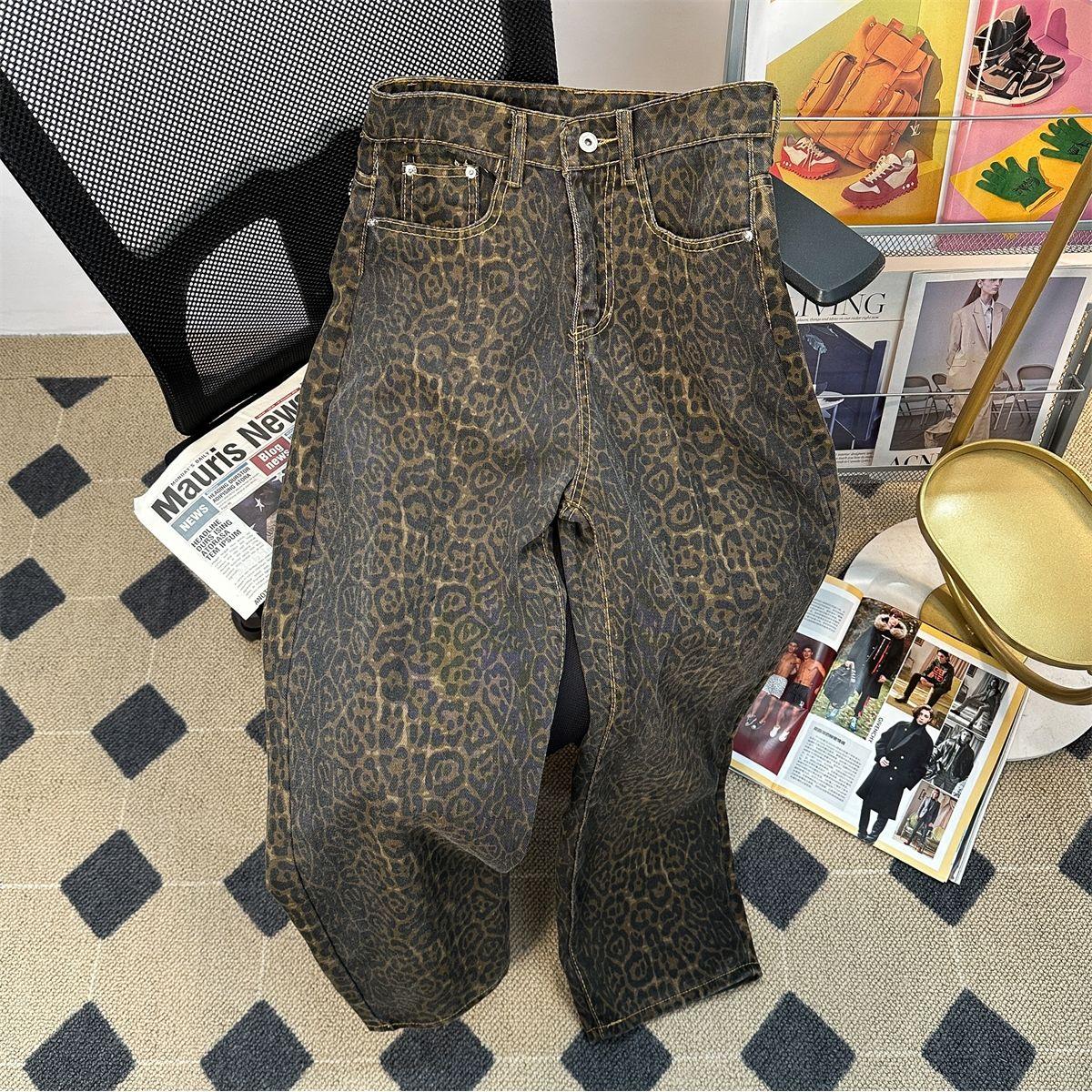 Twelve Month Retro Trendy Leopard Print Jeans Women's American High Street Trousers Y2K Harajuku Style Baggy High Waist Casual Pants Plus Size